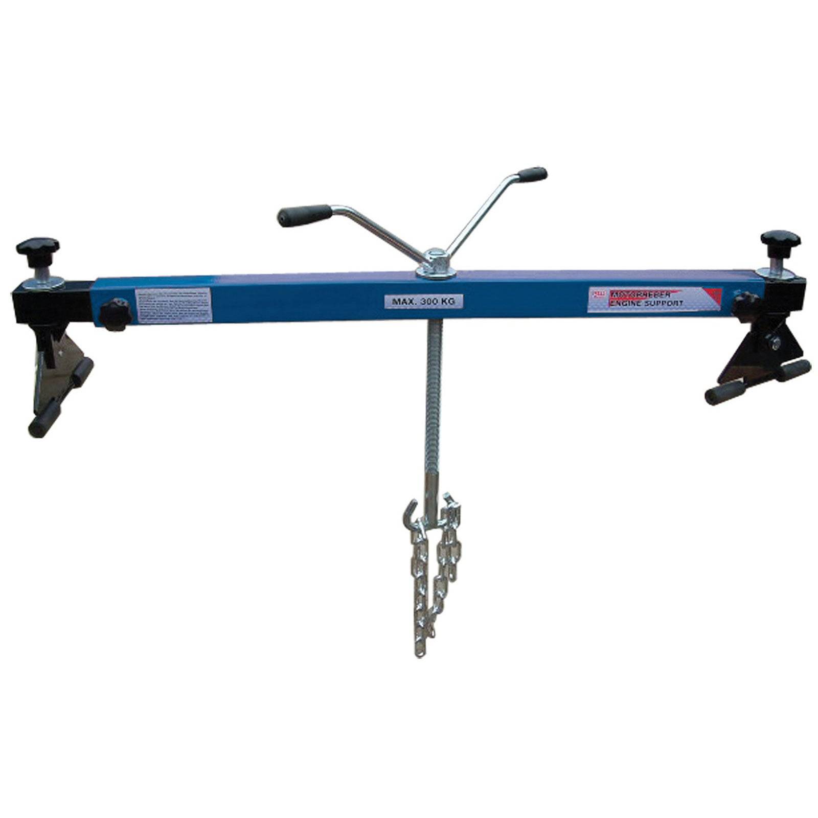 Eine Motorstütze mit verstellbaren Haken und Ketten, die bis zu 300 kg tragen kann.