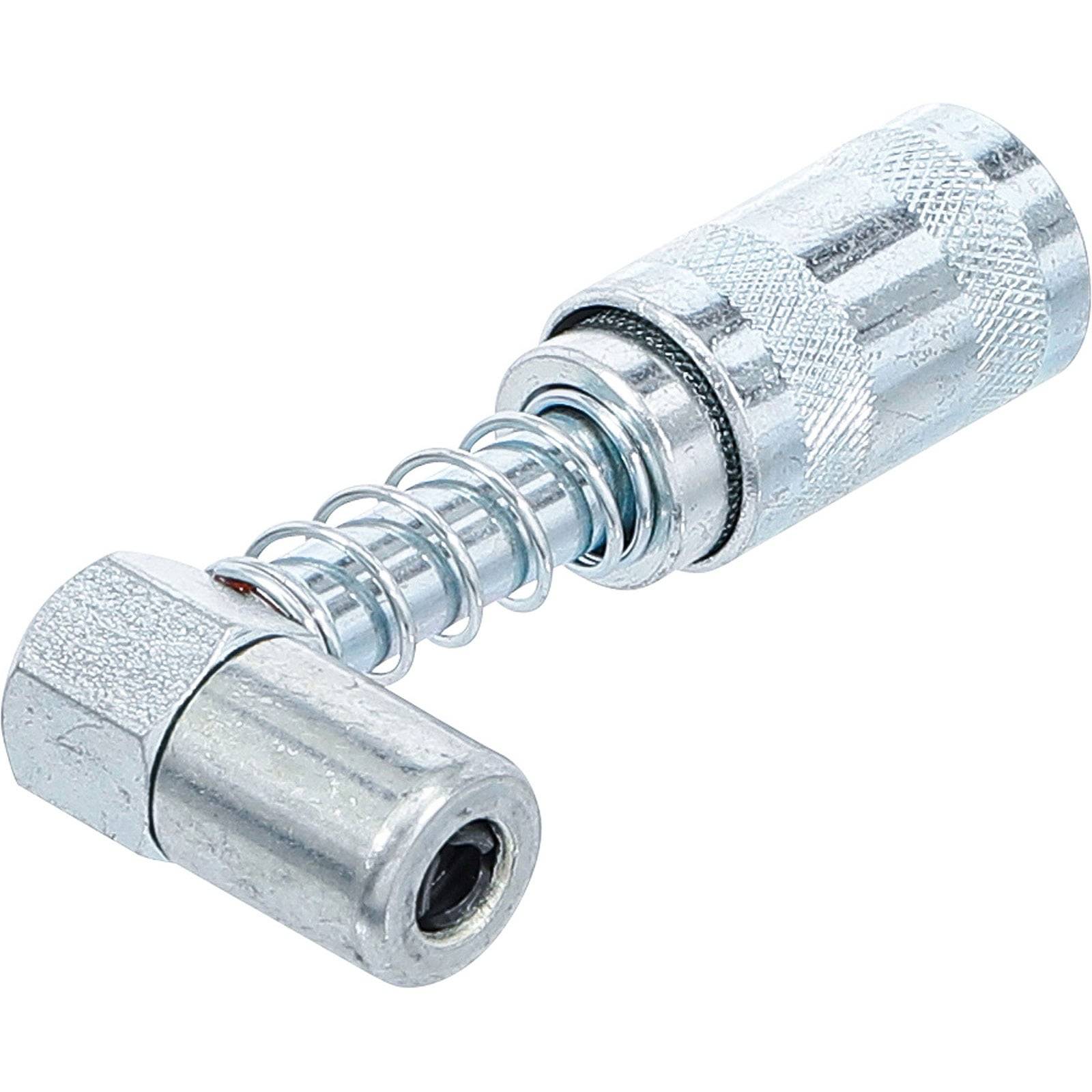 Eine metallische Schnellkupplung mit gerilltem Griff und Federmechanismus, entwickelt zum effizienten Verbinden von Schläuchen oder Rohren.