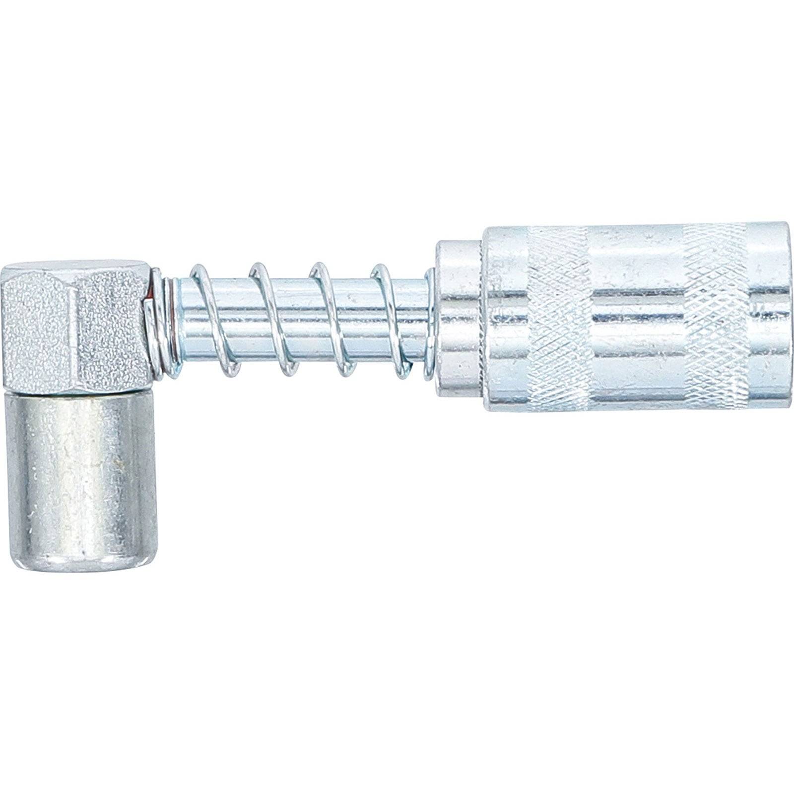 Ein silberner Metallreifen-Aufblaskopf mit einer Feder und einem strukturierten Griff, entwickelt zum Anbringen an einem Reifenventil zum Aufpumpen.