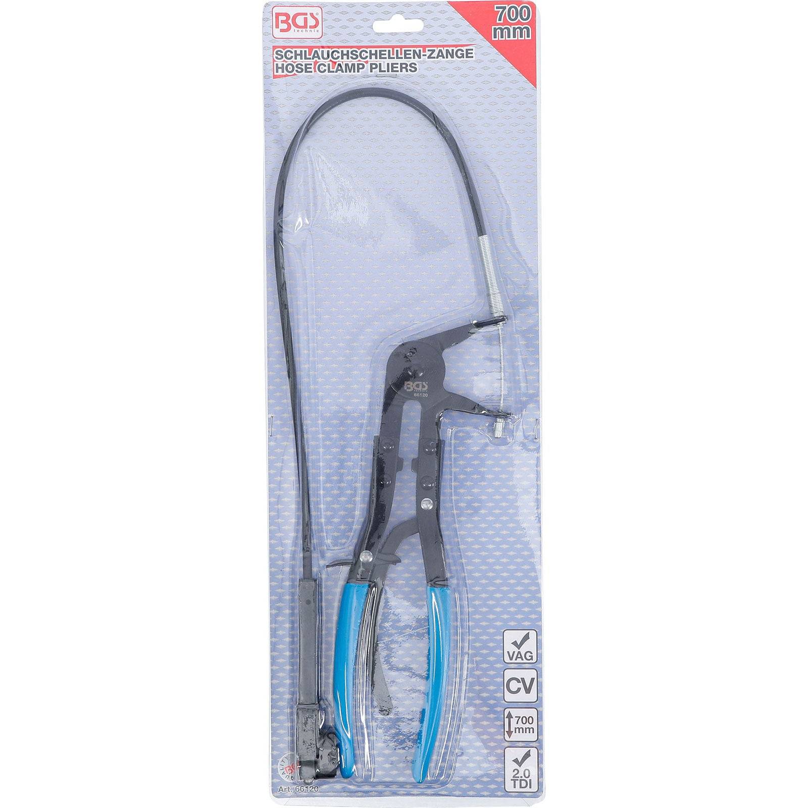 Das Bild zeigt eine Verpackung mit Schlauchschellenzangen mit einem flexiblen Kabel, die für einfaches Anbringen von Schellen in schwer zugänglichen Bereichen entwickelt wurden.