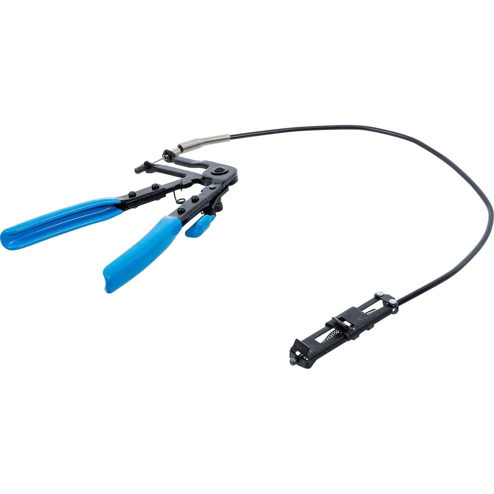 Flexible Schlauchklemmzange mit blauem Griff und schwarzer Kabelanbindung, speziell entwickelt für das Entfernen und Installieren von Schlauchschellen in beengten Räumlichkeiten.