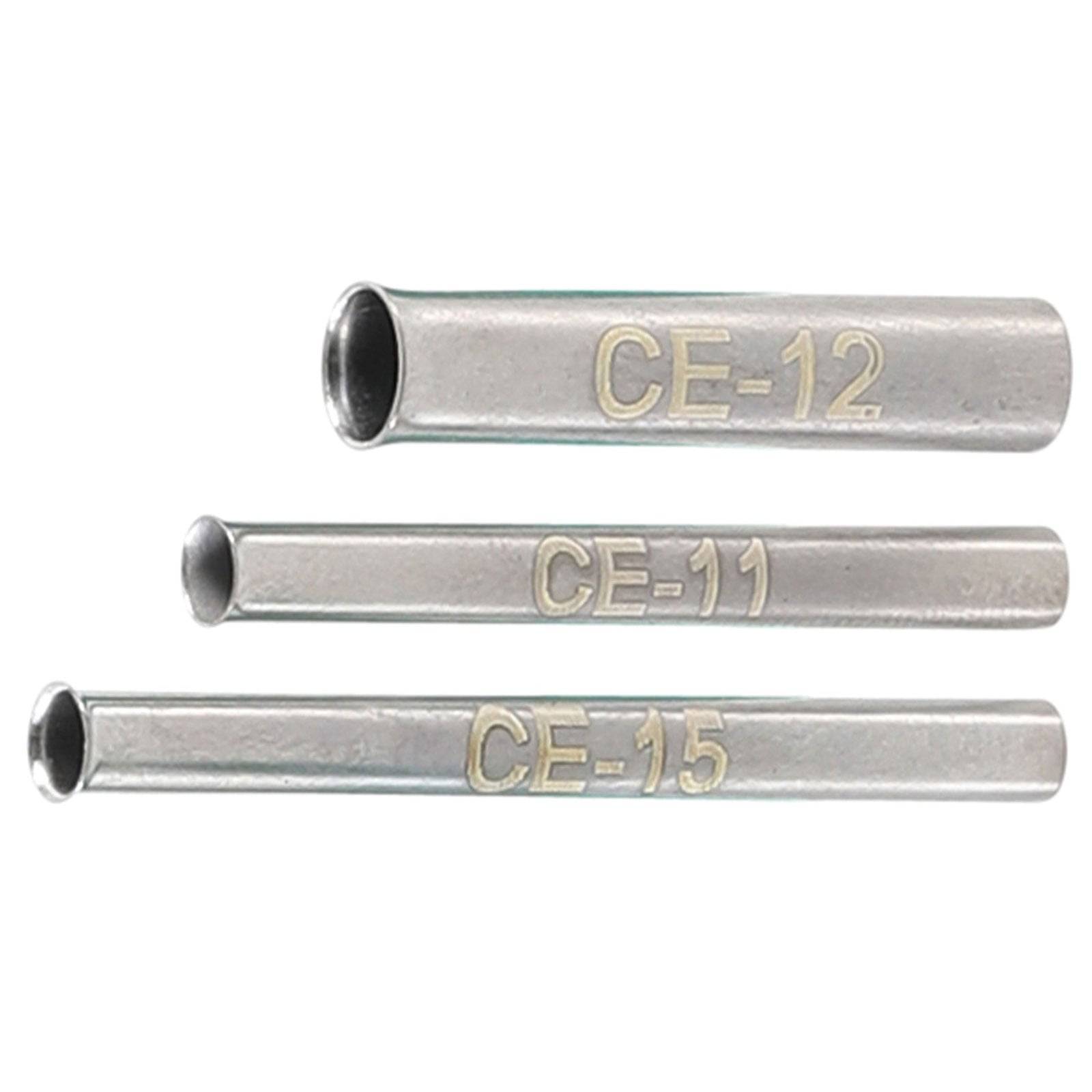 Drei zylindrische Metallröhren mit den Bezeichnungen ‚CE-12', ‚CE-11' und ‚CE-15', die unterschiedliche Durchmesser aufweisen.