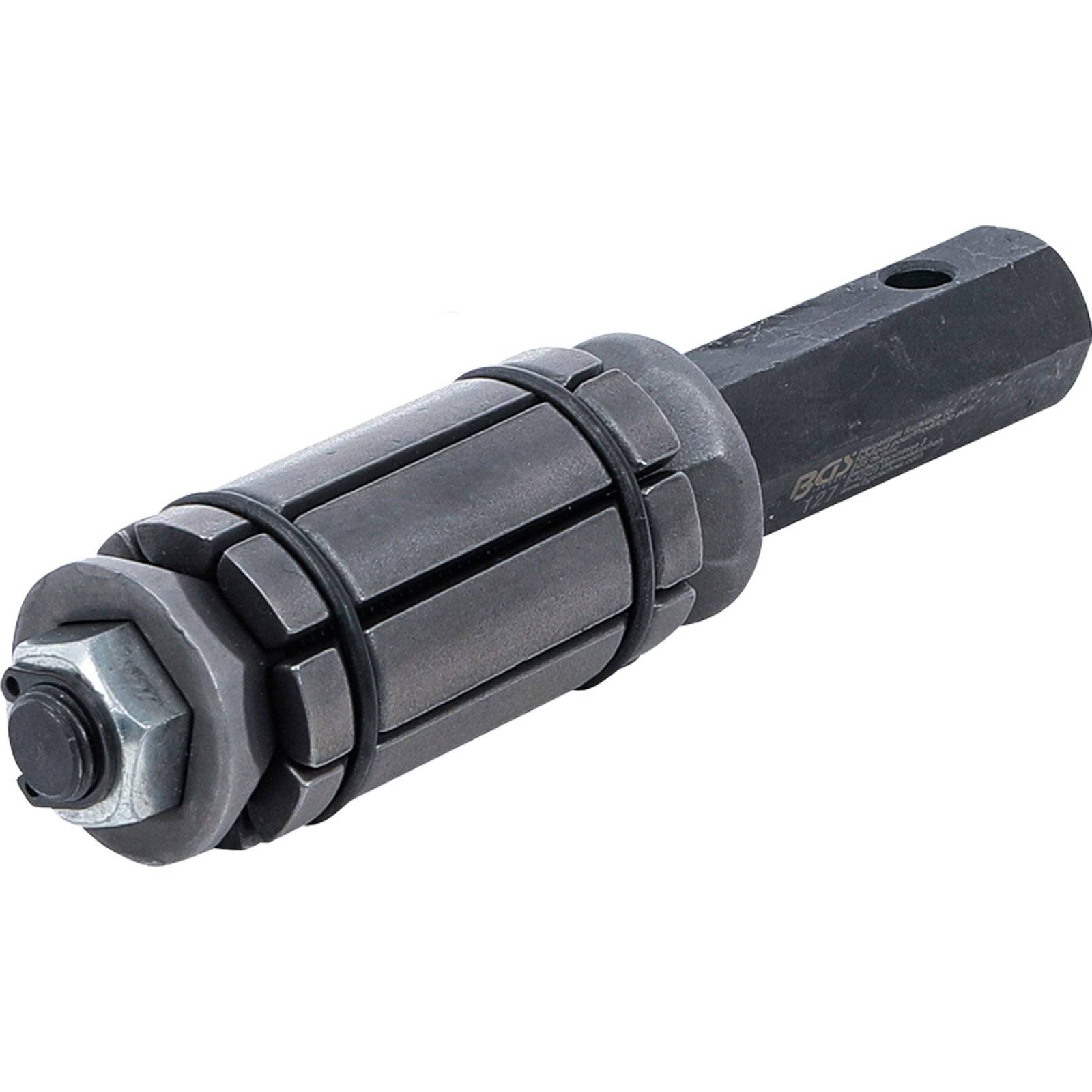 Metallisches Werkzeugkomponente mit schwarzem zylindrischem Körper, sechskantigem Schraubenkopf und dunklem rechteckigem Schaft, höchstwahrscheinlich ein mechanisches oder Automobilbauteil.