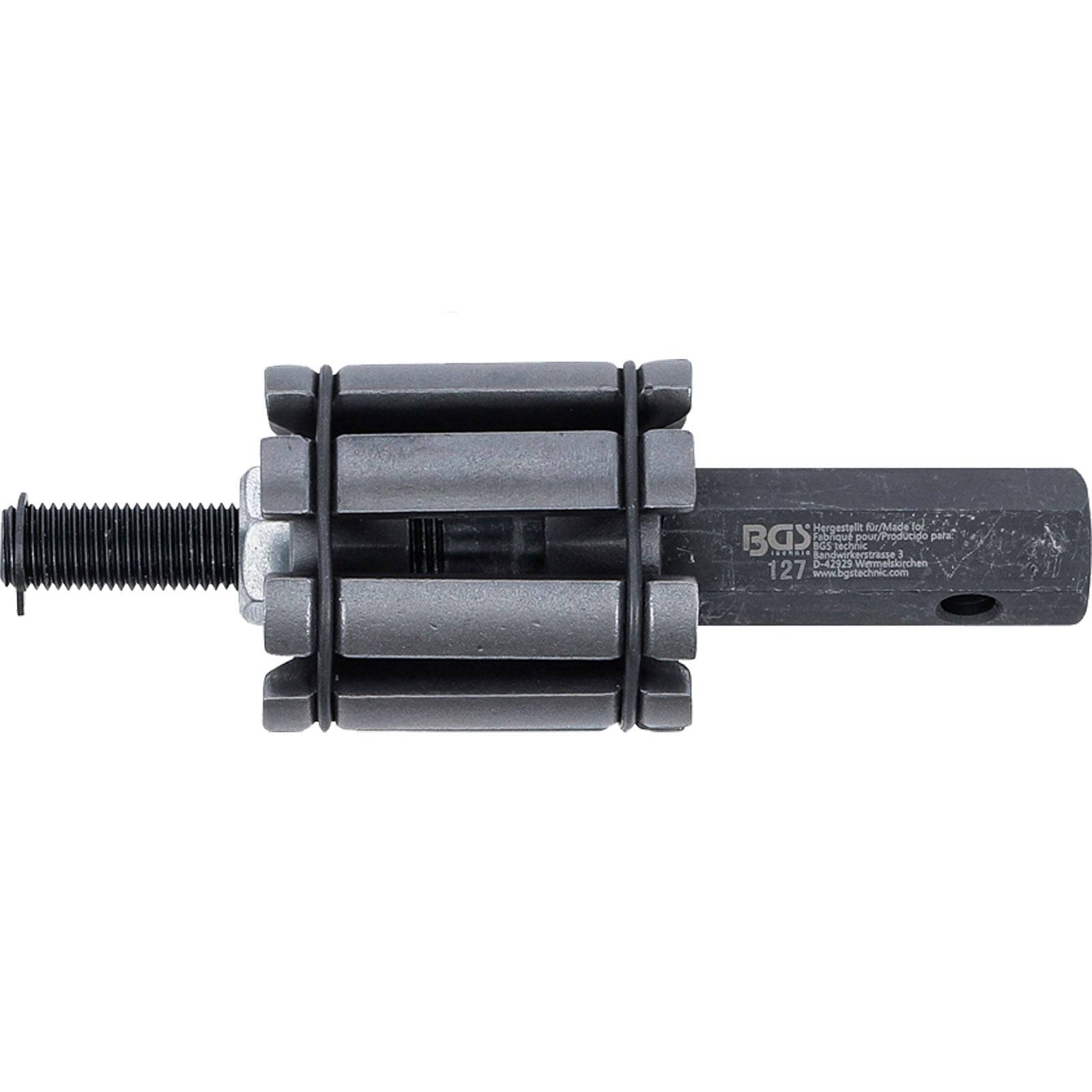 Ein Bremssattelkolben-Werkzeug, das seine zylindrische Form mit Rillen und einem Griff für Reparaturen an Autobremsanlagen zeigt.