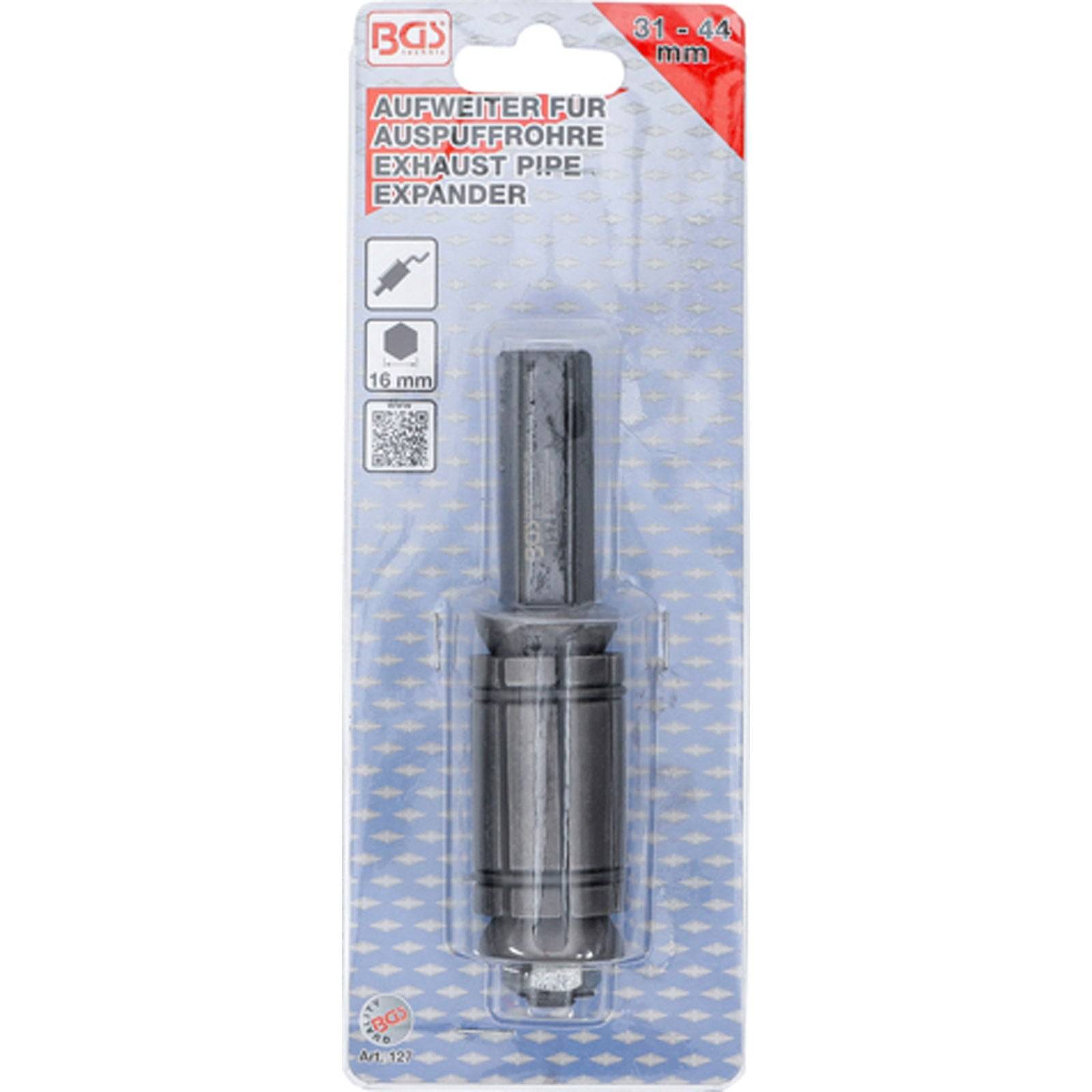 BGS Auspuffrohraufweiter-Paket, 31-44 mm, zeigt das Werkzeug mit 16-mm-Adapter. Verpackung enthält technische Details und Branding.
