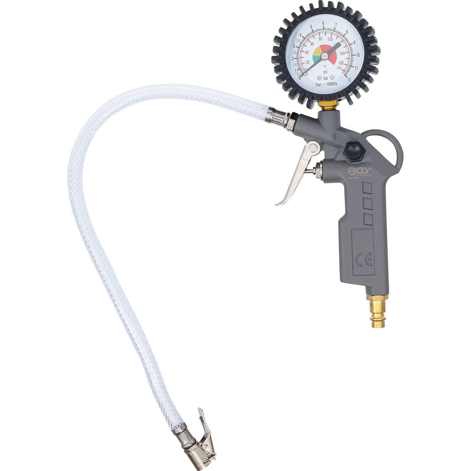 Ein Reifendruckmesser mit einem weißen Schlauch und einem Zifferblatt, das den Reifendruck in PSI anzeigt, mit einem Hebel zur Steuerung und einer Anschlussdüse am Ende.