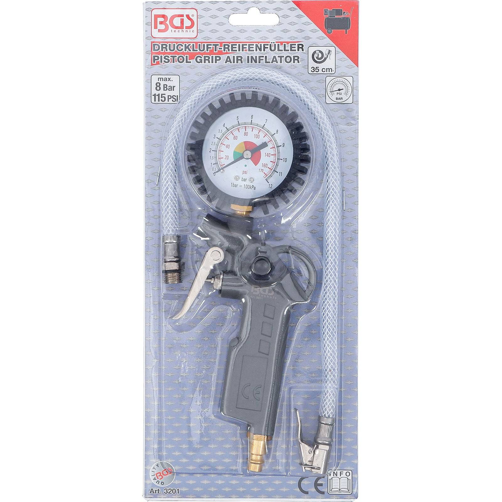 Druckluft-Handpumpe mit Manometer, das eine maximale Anzeige von 8 Bar oder 115 Psi aufweist. Inklusive Schlauch und Düse.