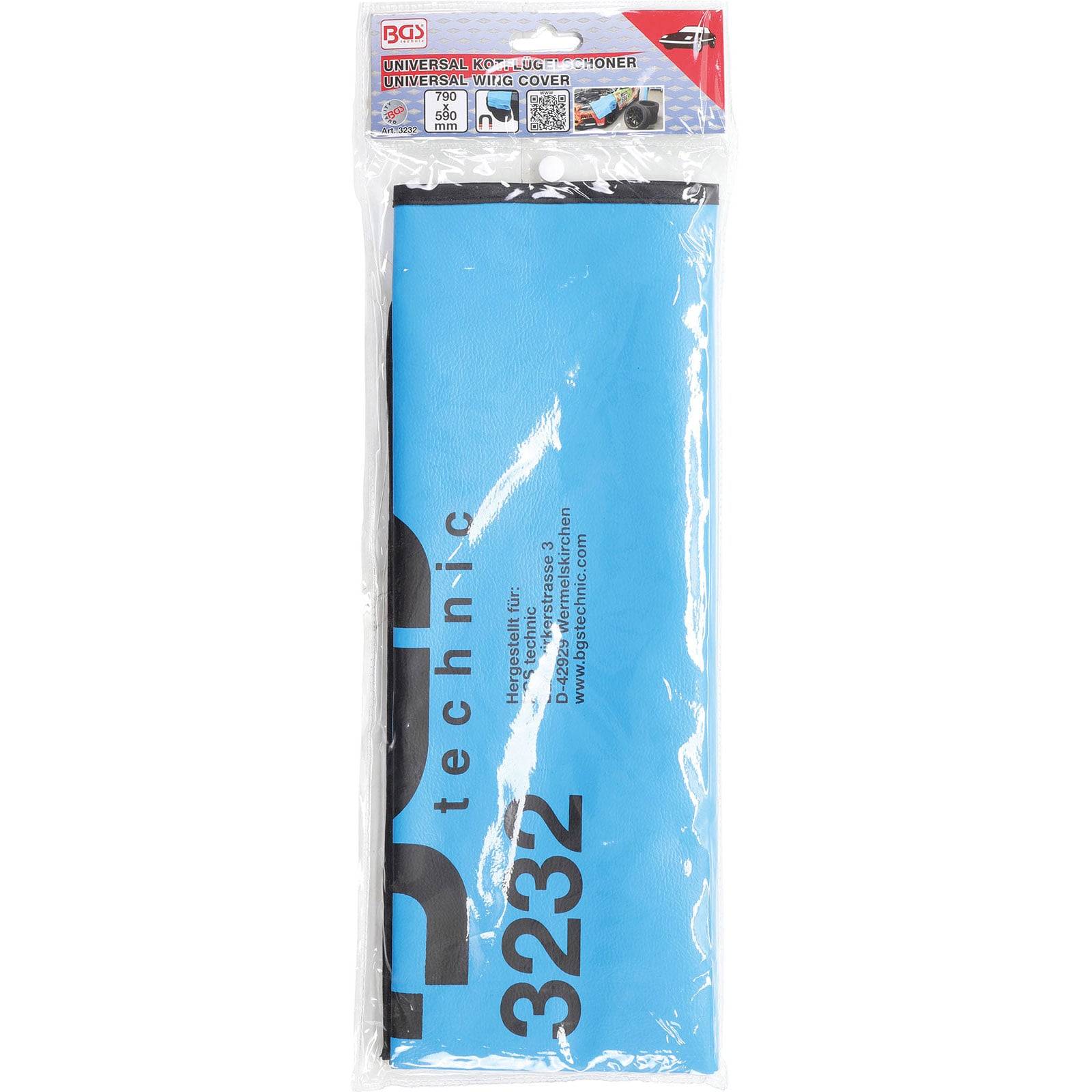 Verpackte BGS Technic Autositzbezug in blau mit schwarzem Text, Artikelnummer 3232, die Vorderseite in Kunststoffverpackung zeigend.