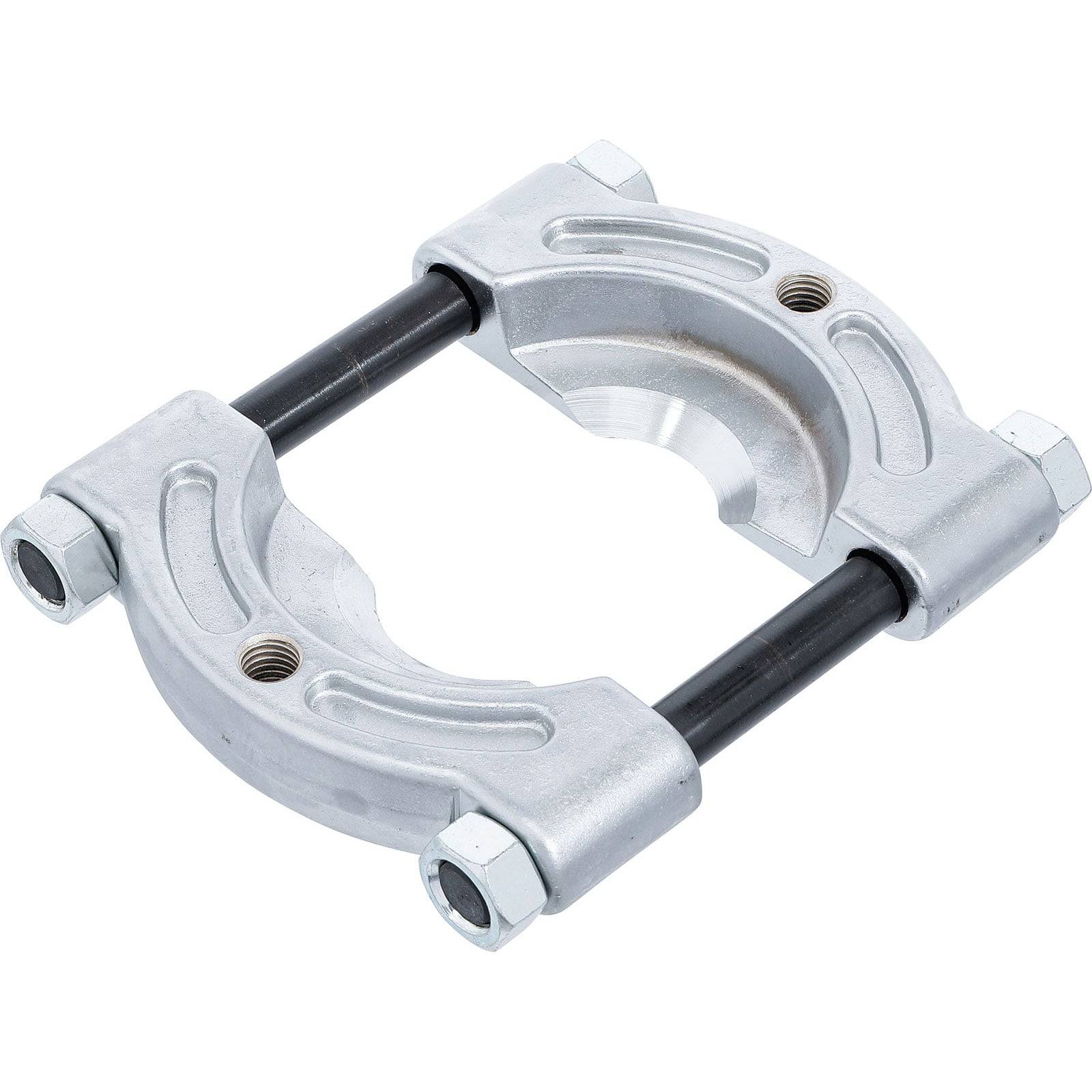 Metallwellenbefestigung mit zwei halbkreisförmigen Klemmbacken und Schrauben, die zum Sichern oder Positionieren einer rotierenden Welle in Industriemaschinen verwendet wird.