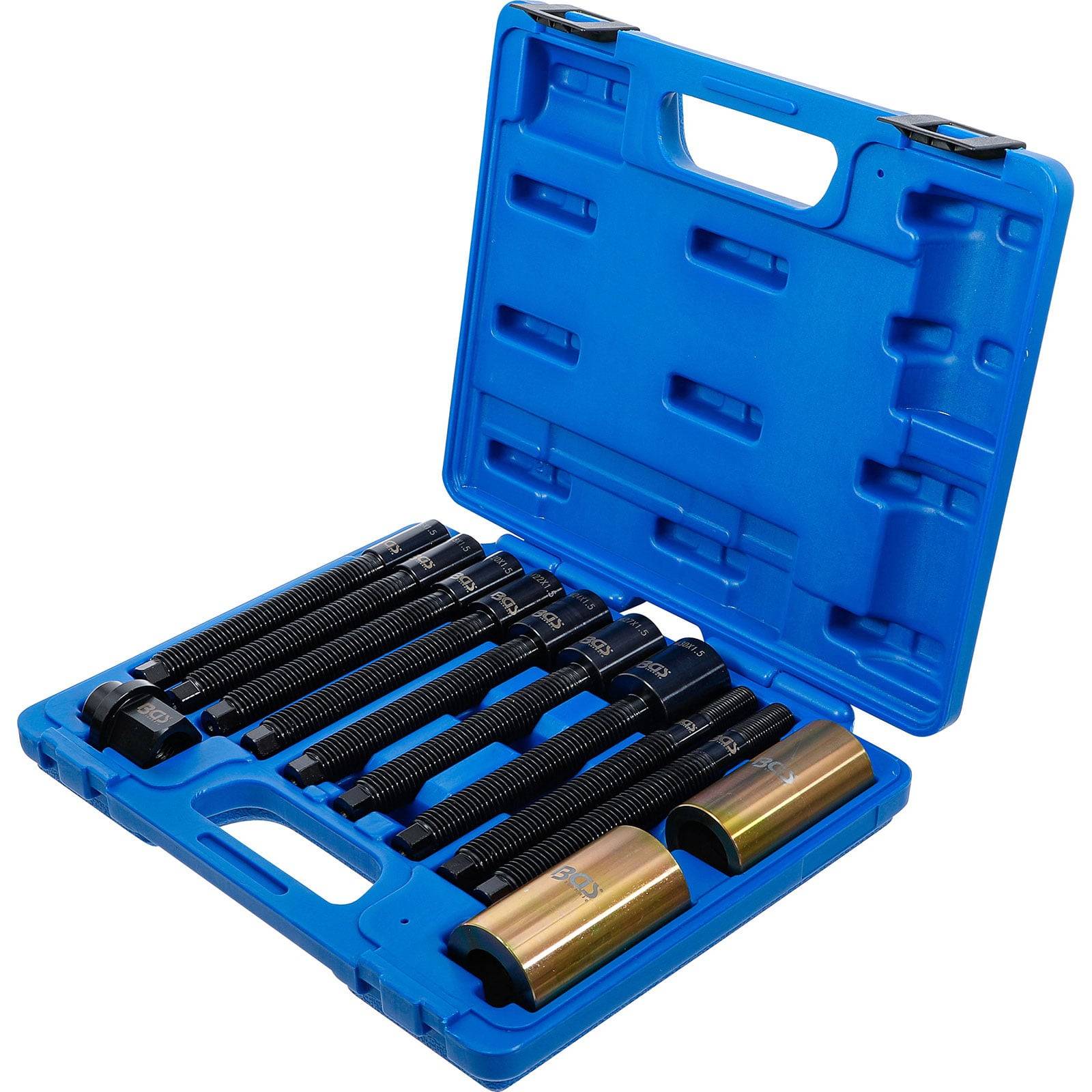 Eine blaue Plastikbox mit offener Deckelklappe, in der ein Satz robuster Schrauben und Metallkomponenten für mechanische Arbeiten zu sehen sind.