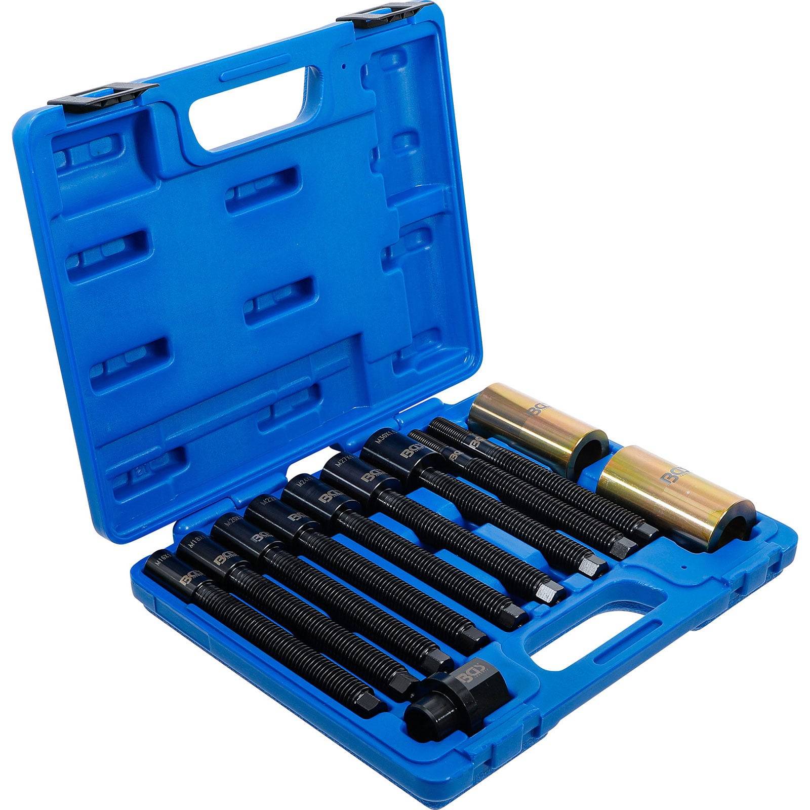 Eine blaue Plastikbox, die einen Satz von 11 Bohrern enthält, die ordentlich in Reihen angeordnet sind, mit zwei größeren Metallteilen auf der rechten Seite.