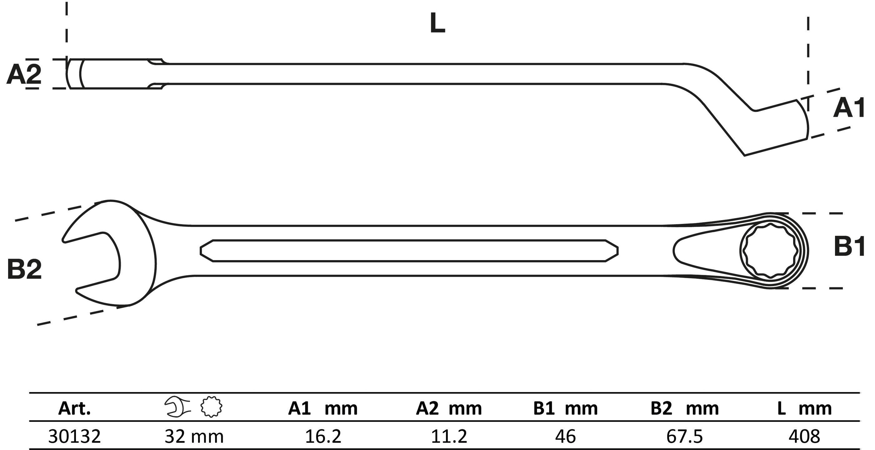 Eine Linie mit der Bezeichnung 'L' befindet sich oben, mit einem Pfeil darunter, der nach rechts zeigt. Maße: A1 6 mm, A2 11,2 mm, B1 46 mm.