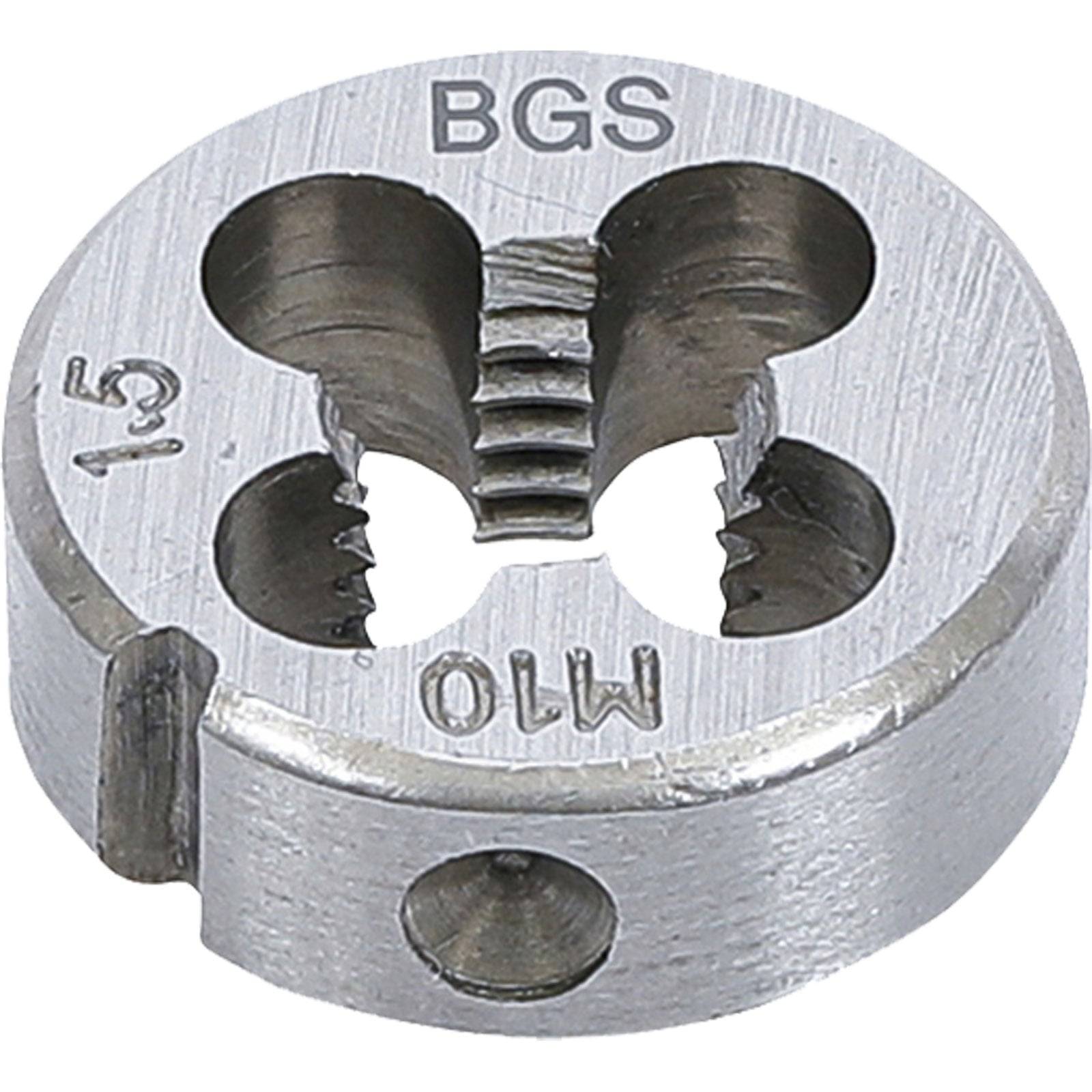 Eine kreisförmige Gewindeschneidematrize aus Metall, beschriftet mit 'BGS', mit 'M10' und '1.5' zur Angabe ihrer Größe und Steigung.