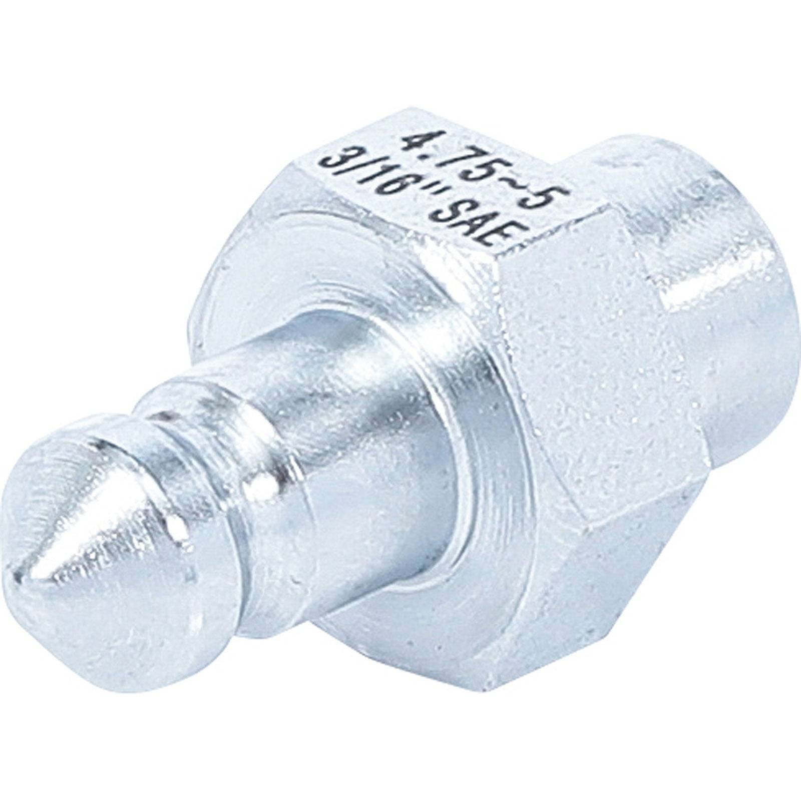 Ein Nahaufnahmebild einer Schmiernippel aus Metall, auch als Fettnippel bekannt, mit eingraviertem Text '4-15-5 3/16