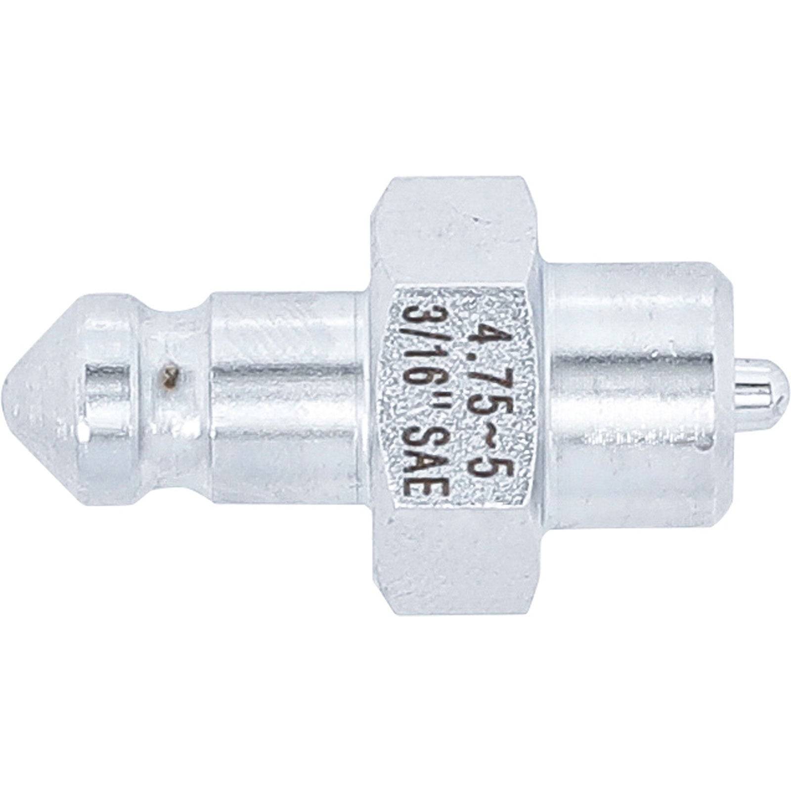Metallische Schmiernippel mit sechseckiger Schraubenkopfsektion, graviert mit '4.75-5 3/16 SAE', verwendet zur Schmierung in mechanischen Systemen.
