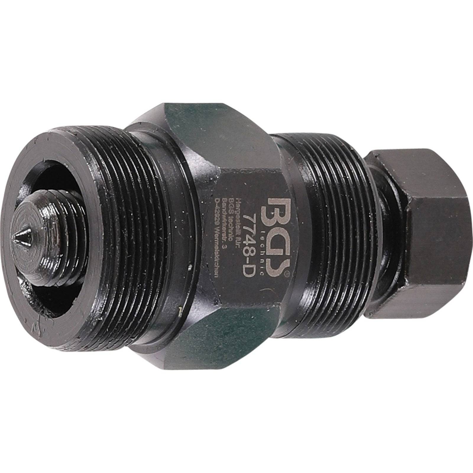 Eine schwarze Metallschraube mit gewindeten Kanten und einem sechseckigen Kopf, gekennzeichnet mit 'BGS 7748-D', für mechanische Anwendungen.