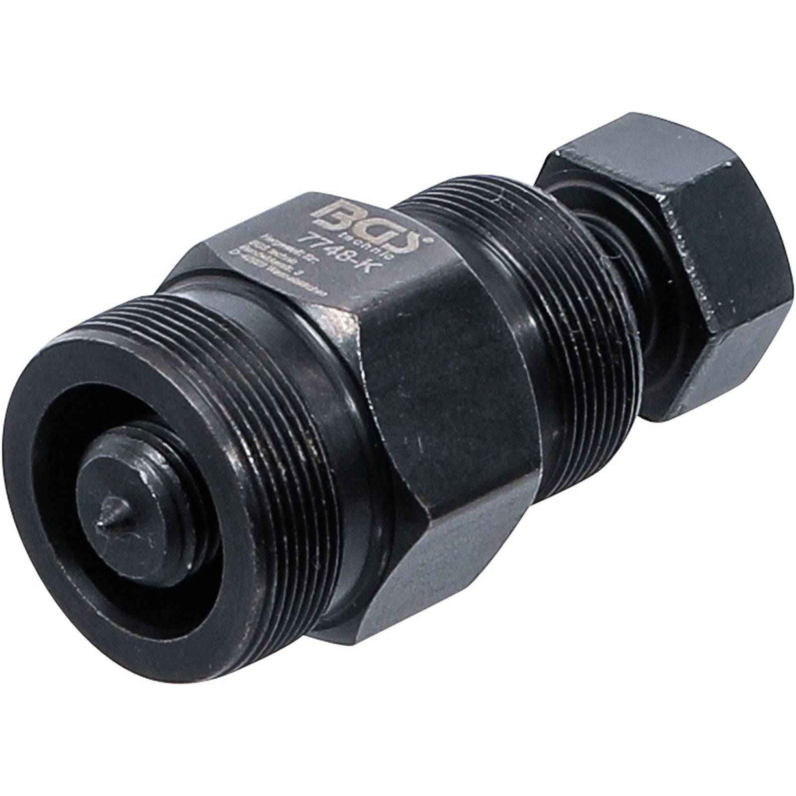 Schwarzer Abzieher mit sechskantigen Enden und gewindeter Mitte, verwendet zum Herausziehen von Zahnrädern oder ähnlichen Komponenten. Text 'BGS' ist an der Seite sichtbar.