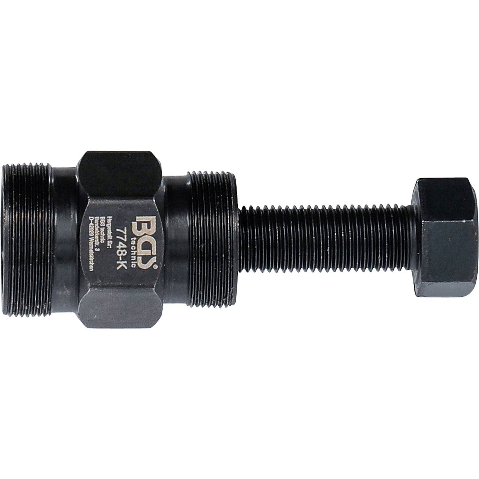 Ein schwarzer Metallwerkzeug BGS-1748HK mit Gewindeschraube und Sechskantmutter. Verwendet für mechanische Aufgaben und mit robuster Bauweise und Design.