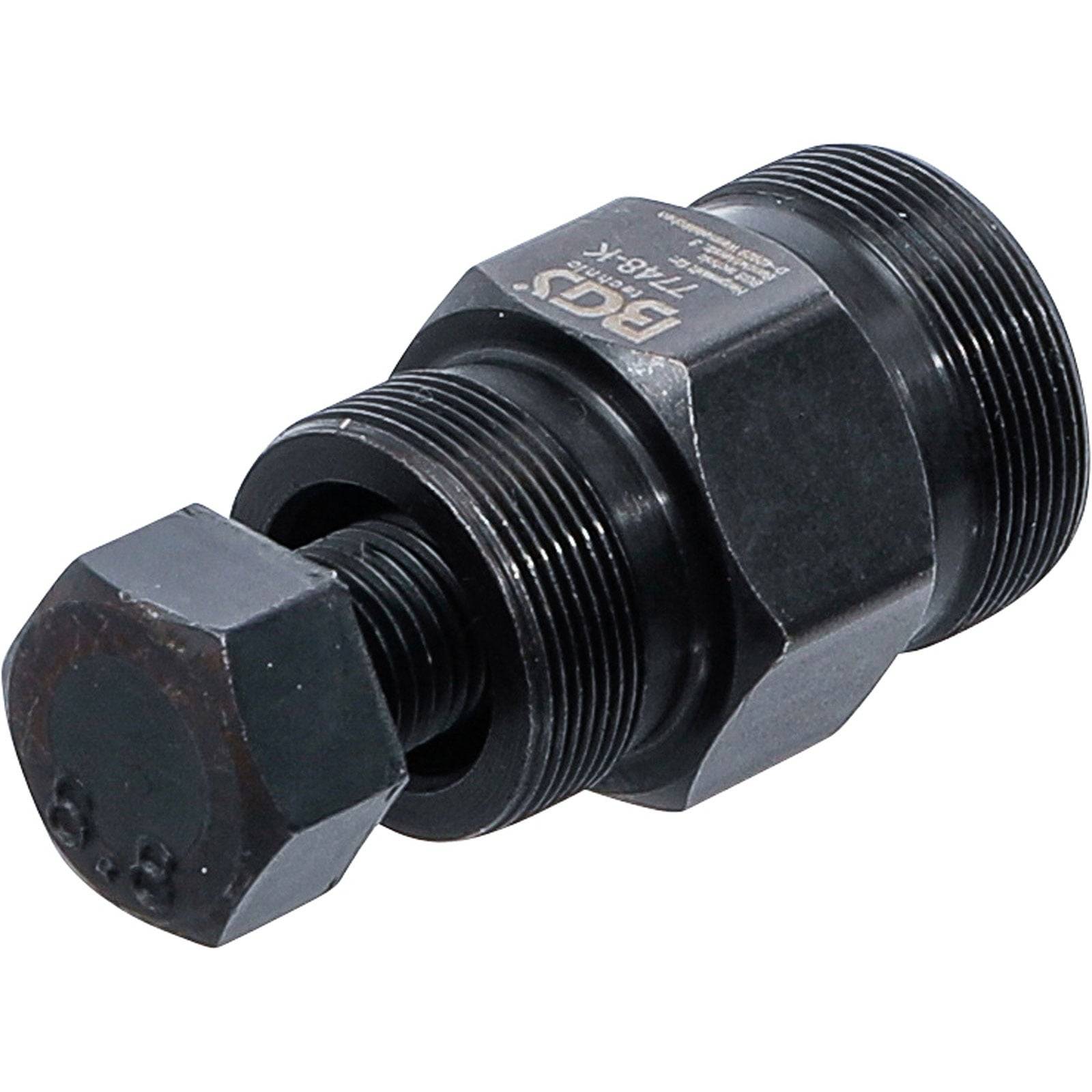 Ein schwarzer Metallkurbelabzieher mit Gewinde und Schraube, der speziell zum Abnehmen von Fahrradkurbelarmen entwickelt wurde.