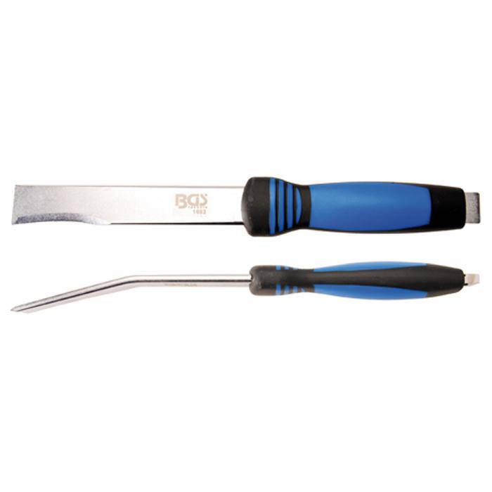 Zwei Handwerkzeuge mit blau-schwarzen Griffen, oben ein flaches meißelartiges Brecheisen und unten ein gebogenes Spitzhammer-Werkzeug, auf weißem Hintergrund dargestellt.