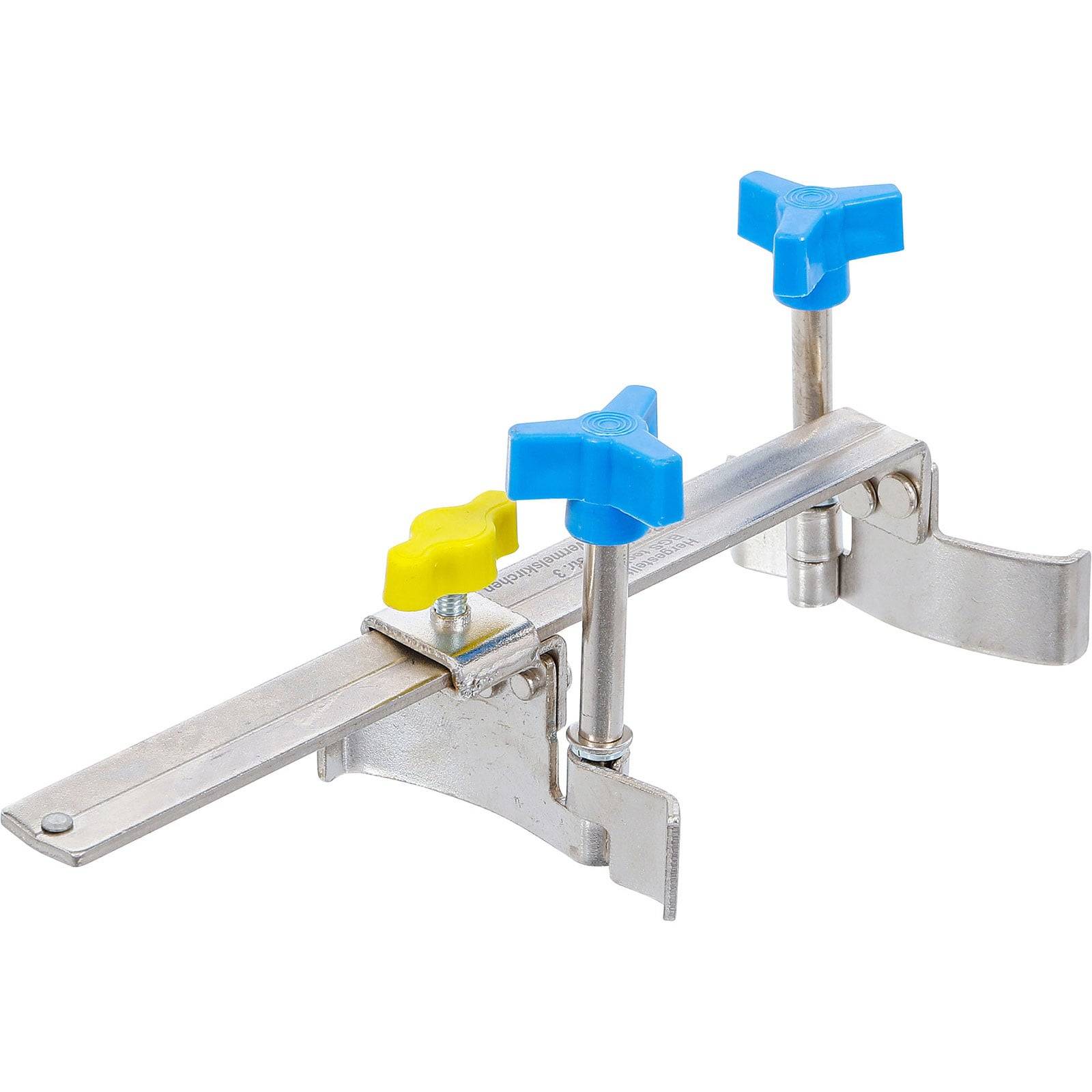 Ein doppelter Büretten-Halter mit Metallkörper und leuchtend blauen und gelben Kunststoffknöpfen, der zur sicheren Befestigung von Laborglasgeräten verwendet wird.