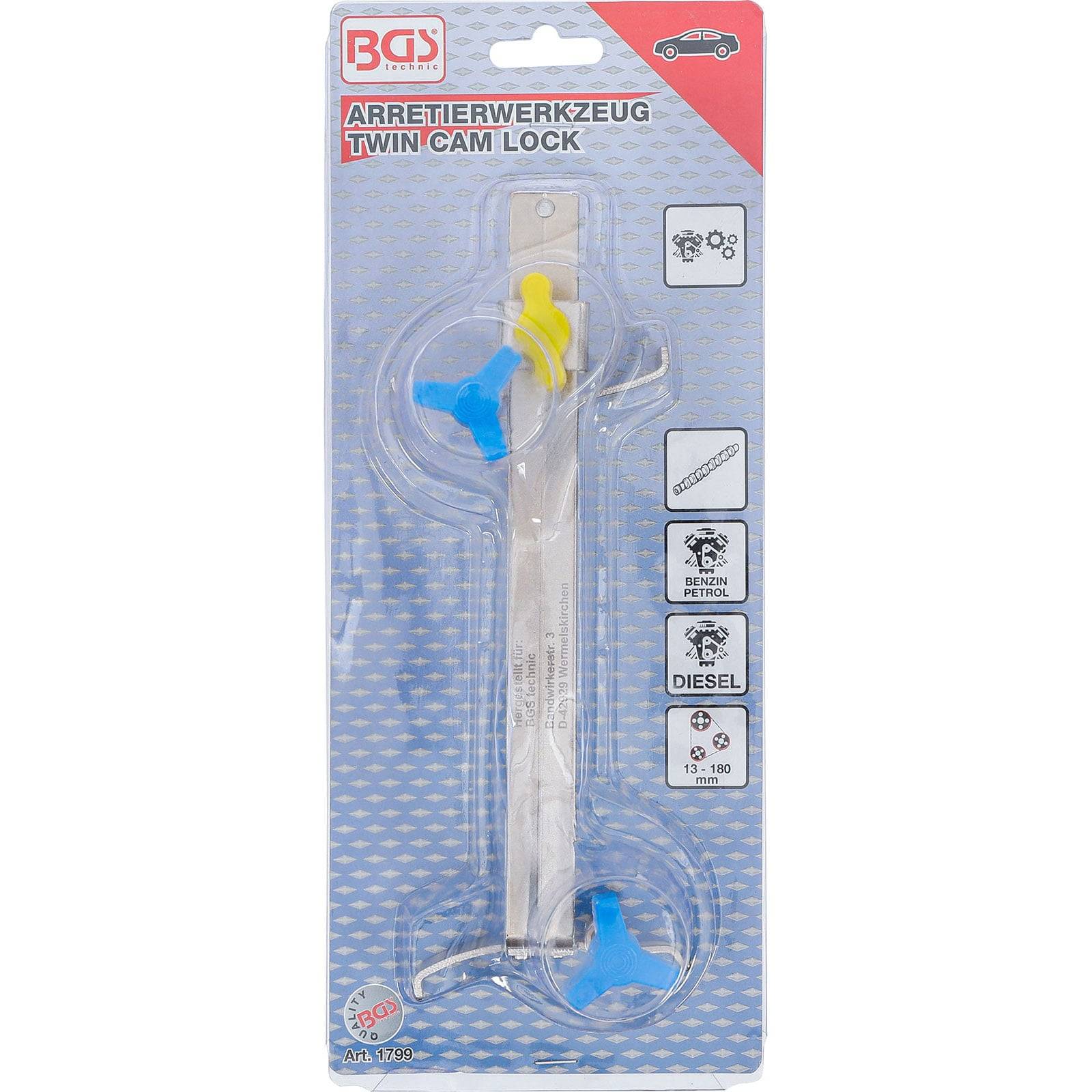 Verpackung für das 'Arretierwerkzeug Twin Cam Lock', bestehend aus einer Metallstange mit gelben und blauen Verriegelungen. Geeignet für Benzin- und Dieselmotoren.