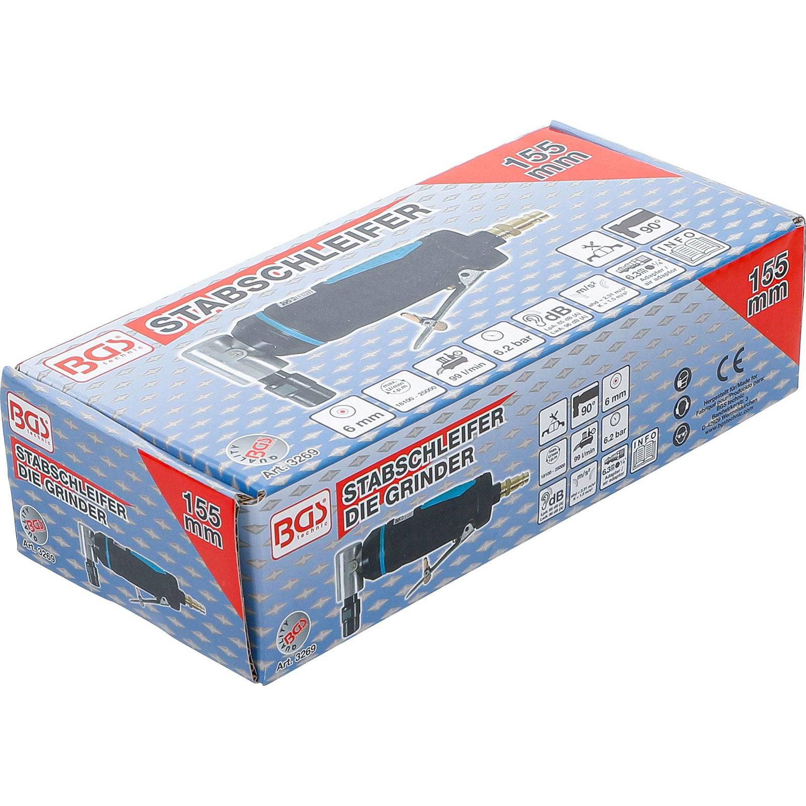 Schachtel eines BGS Stabschleifers mit Werkzeugabbildung, der Größenangabe '155 mm', und Funktionssymbolen wie Drehzahl und Leistungsspezifikationen auf der Vorderseite.