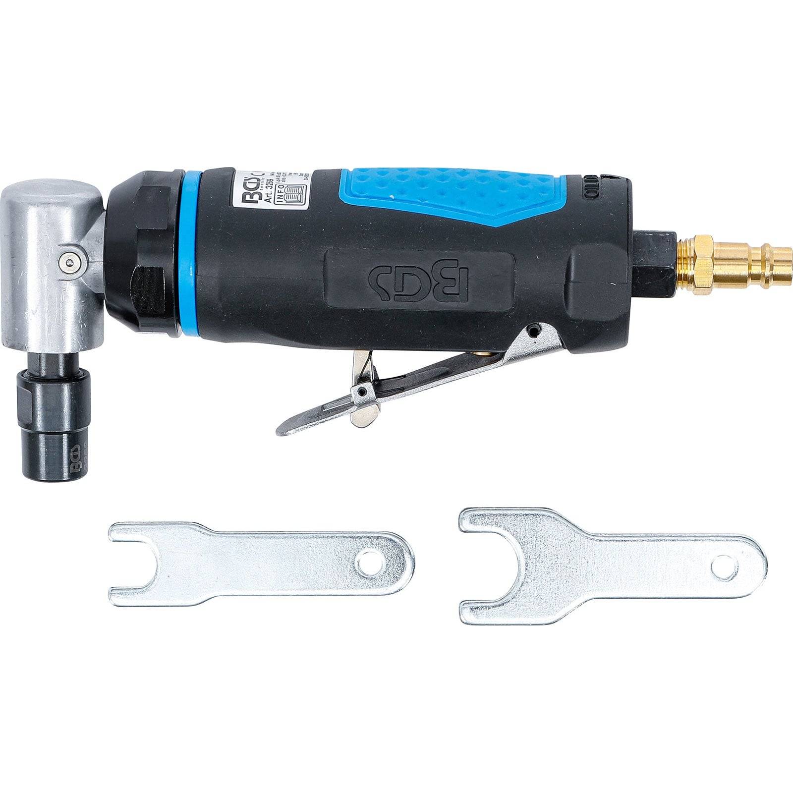Pneumatische Winkelmesserschleifer mit schwarzem und blauem Griff, zwei angehängten Schraubenschlüsseln unten für Bedienung und Einstellungen.