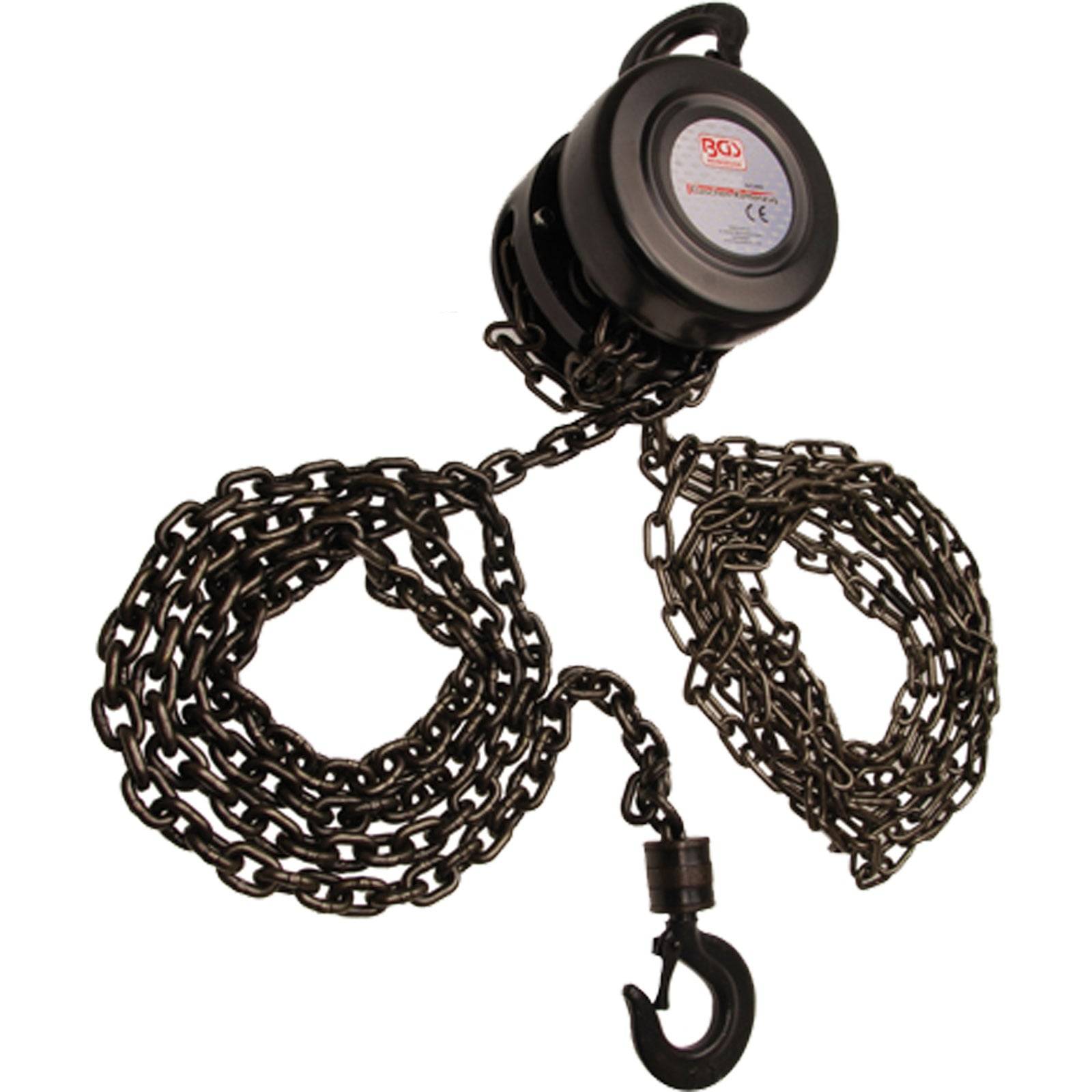 Ein schwarzer Larin CB1500 Kettenzug mit Haken, ausgestattet mit aufgewickelten Ketten und einem oberen Haken zum Anheben schwerer Gegenstände.