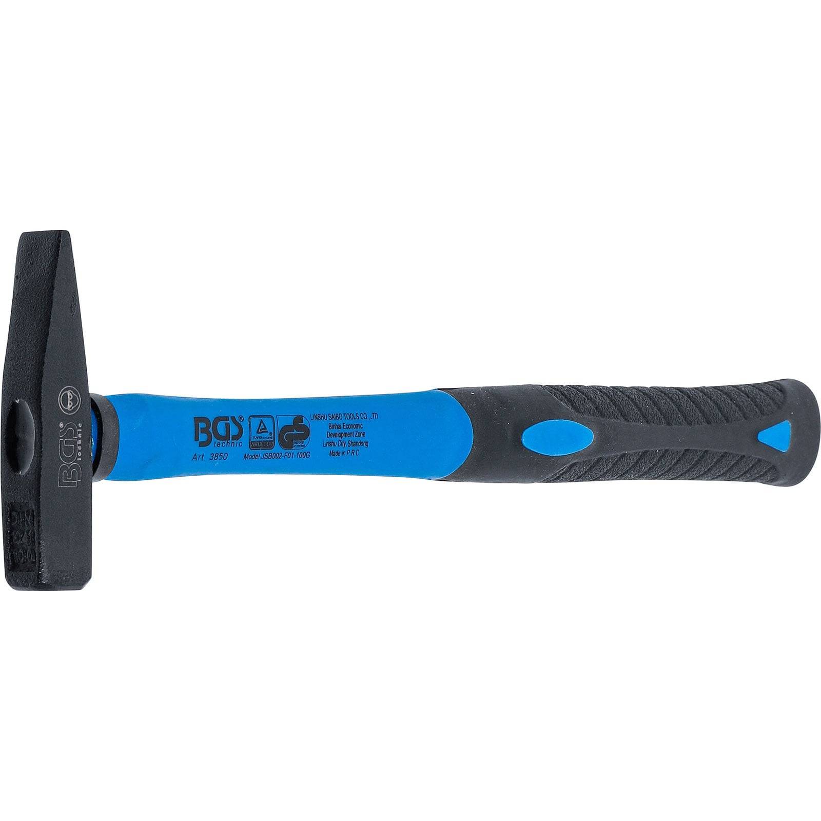 Ein blau und schwarz gefärbter Hammer mit Gummigriff und Metallkopf, versehen mit Markierungsaufschriften und Spezifikationen am Griffstück.