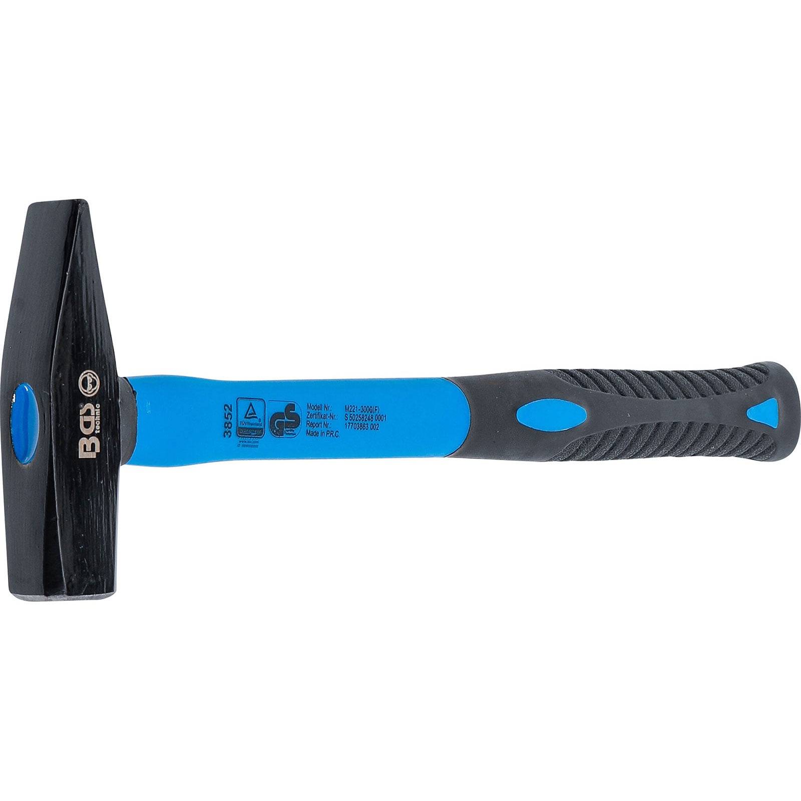 Ein Hammer mit einem schwarzen Kopf und einem blau-schwarzen Gummigriff, der zum Einschlagen von Nägeln und Zerbrechen von Objekten konzipiert ist.