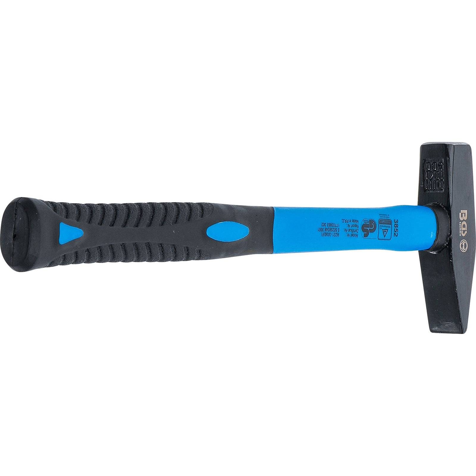 Ein blau-schwarzer Hammer mit einem strukturierten Griffgriff, flacher Schlagfläche und einer leicht spitz zulaufenden Panne, der für Metallbearbeitung entwickelt wurde.