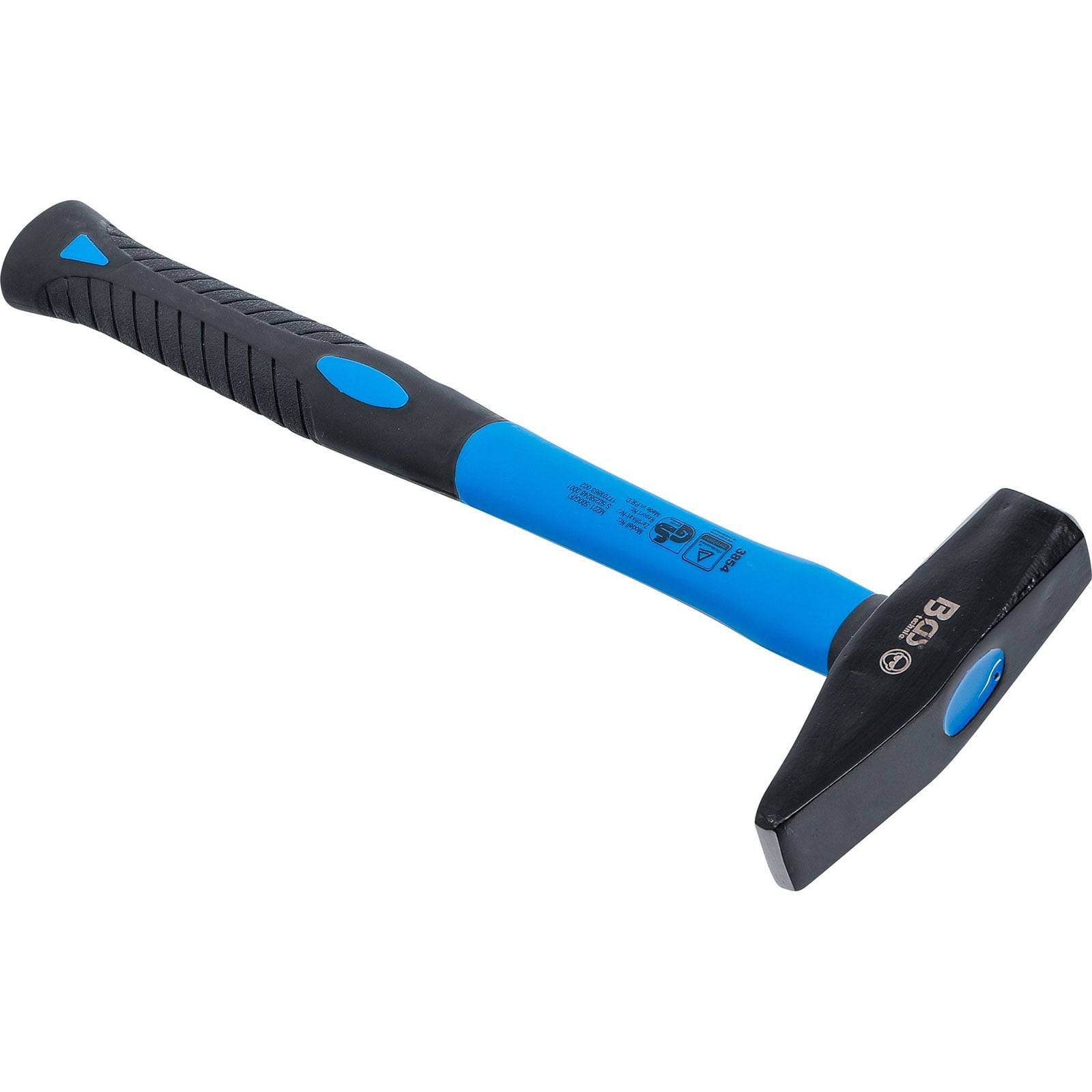 Ein blau und schwarzer Hammer mit flachem Kopf und ergonomischem Griff.