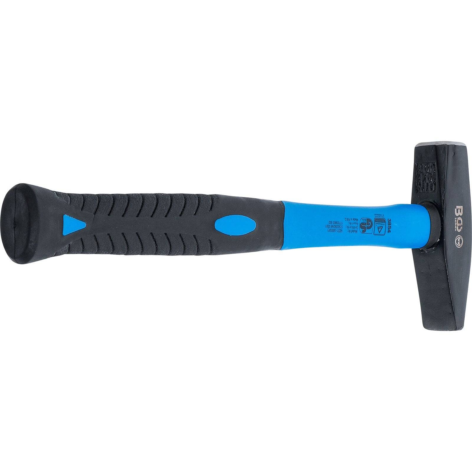 Ein schwarz-blauer Hammer mit strukturiertem Griff, mit einem flachen Kopf an einem Ende und einem zugespitzten Ende. Geeignet für Holzbearbeitungsaufgaben.