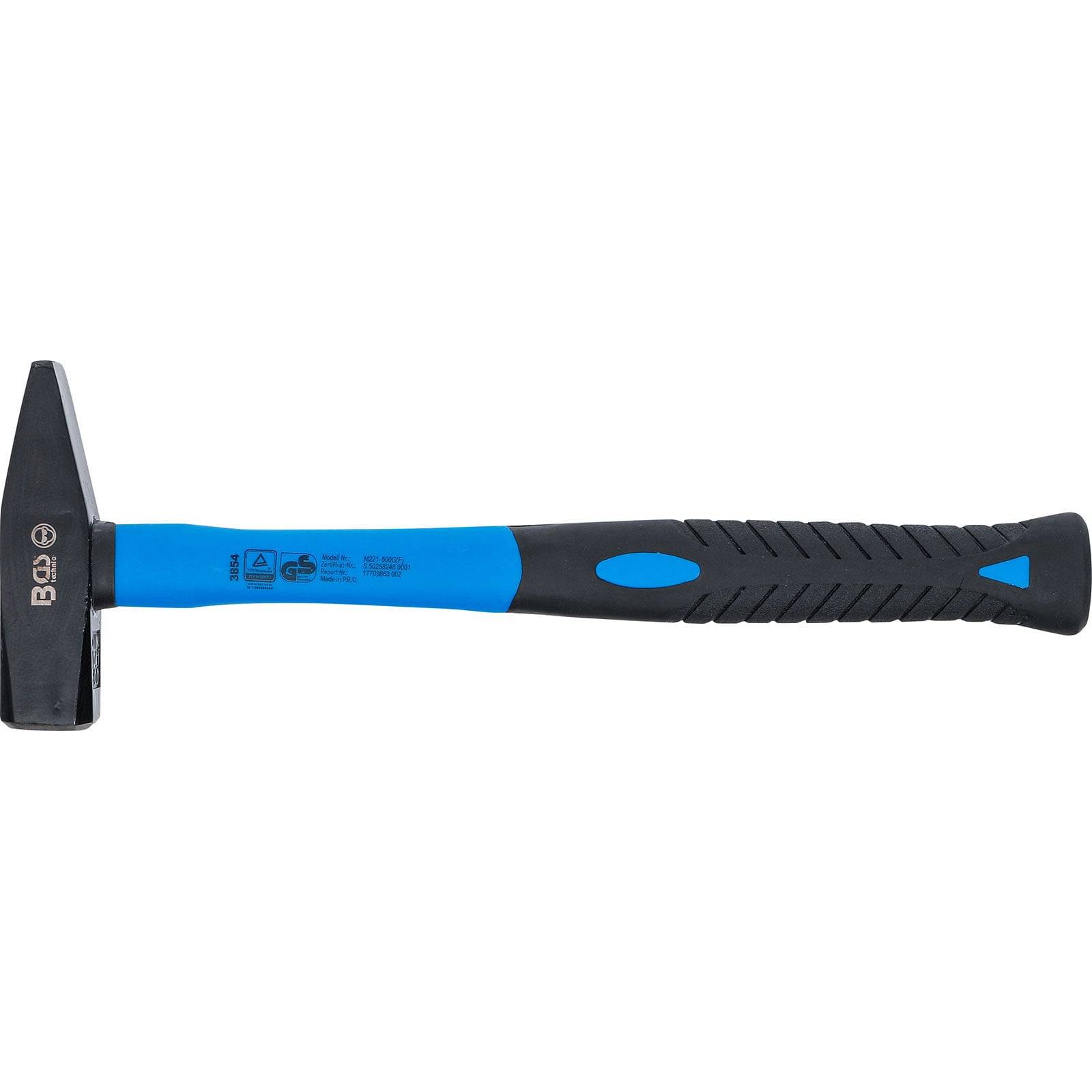 Ein blauer und schwarzer Hammer mit einem Gummigriff, geeignet zum Greifen, vor weißem Hintergrund dargestellt.