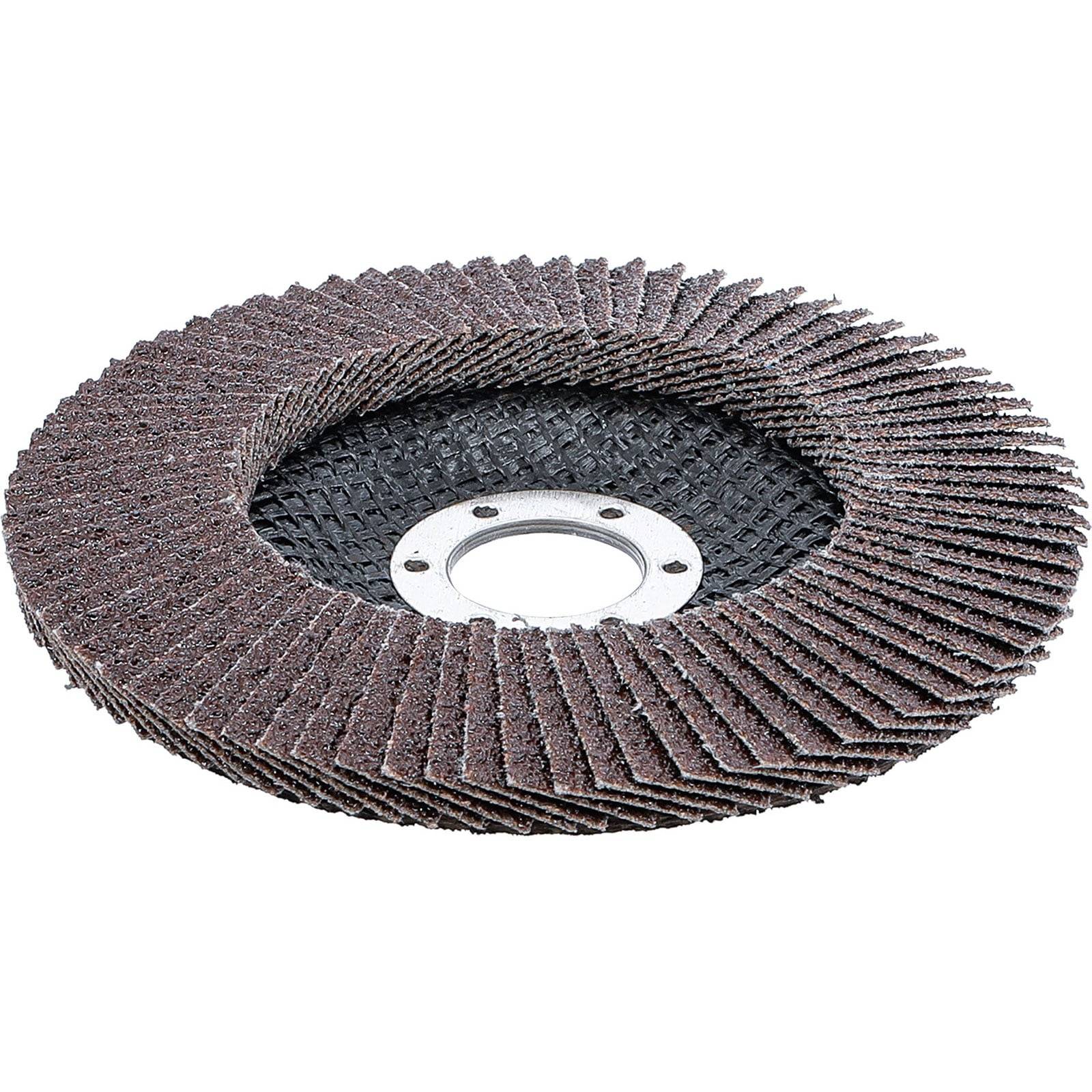 Eine Lamellenscheibe mit geschichteten Schleiflamellen, die zum Metallschleifen entwickelt wurde und eine zentrale Bohrung zur Befestigung an Elektrowerkzeugen aufweist.