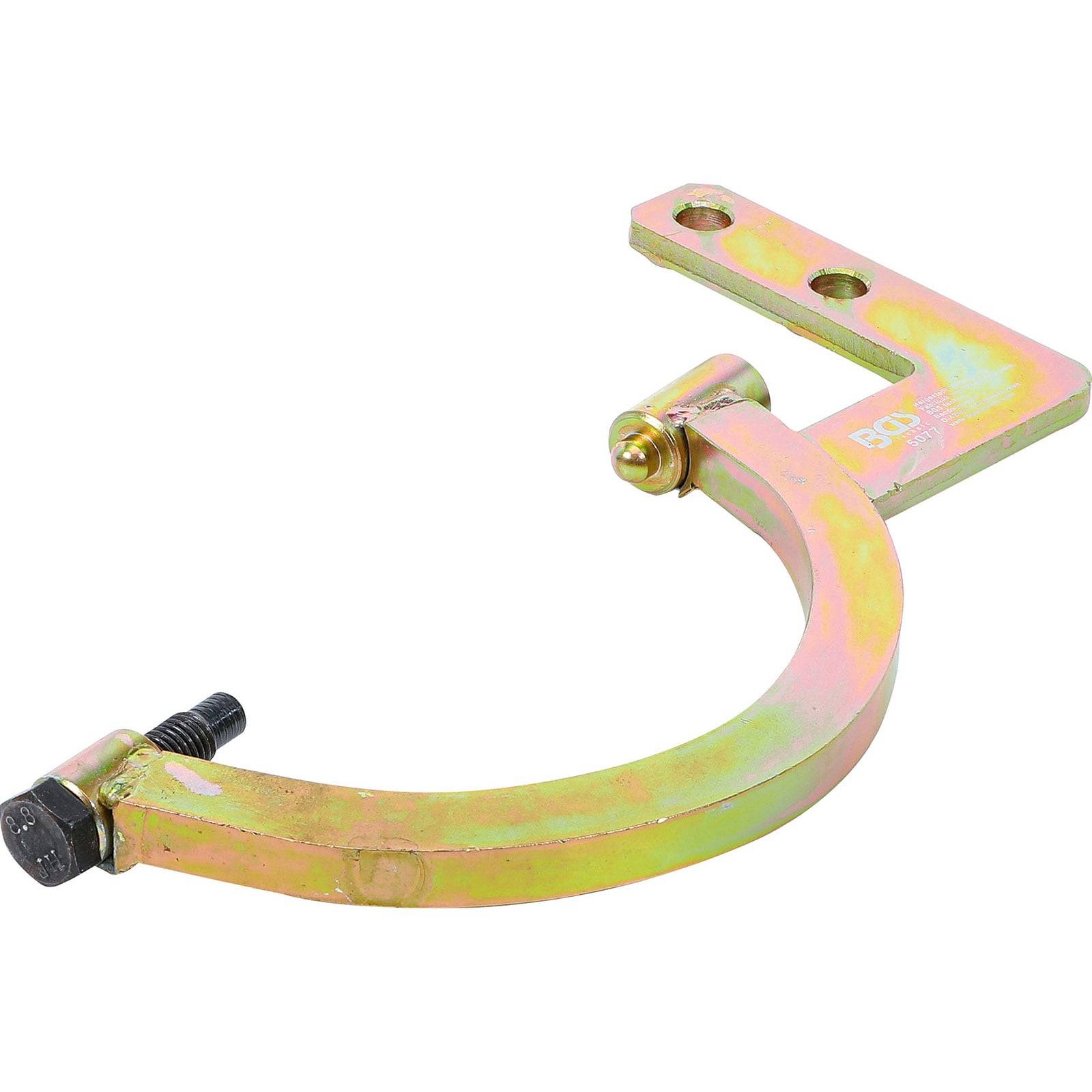 Eine metallische Halterung mit einem gebogenen Arm und einer flachen Oberseite, versehen mit einem Bolzen und Löchern zur Befestigung, die zum Sichern oder Abstützen von Objekten verwendet wird.