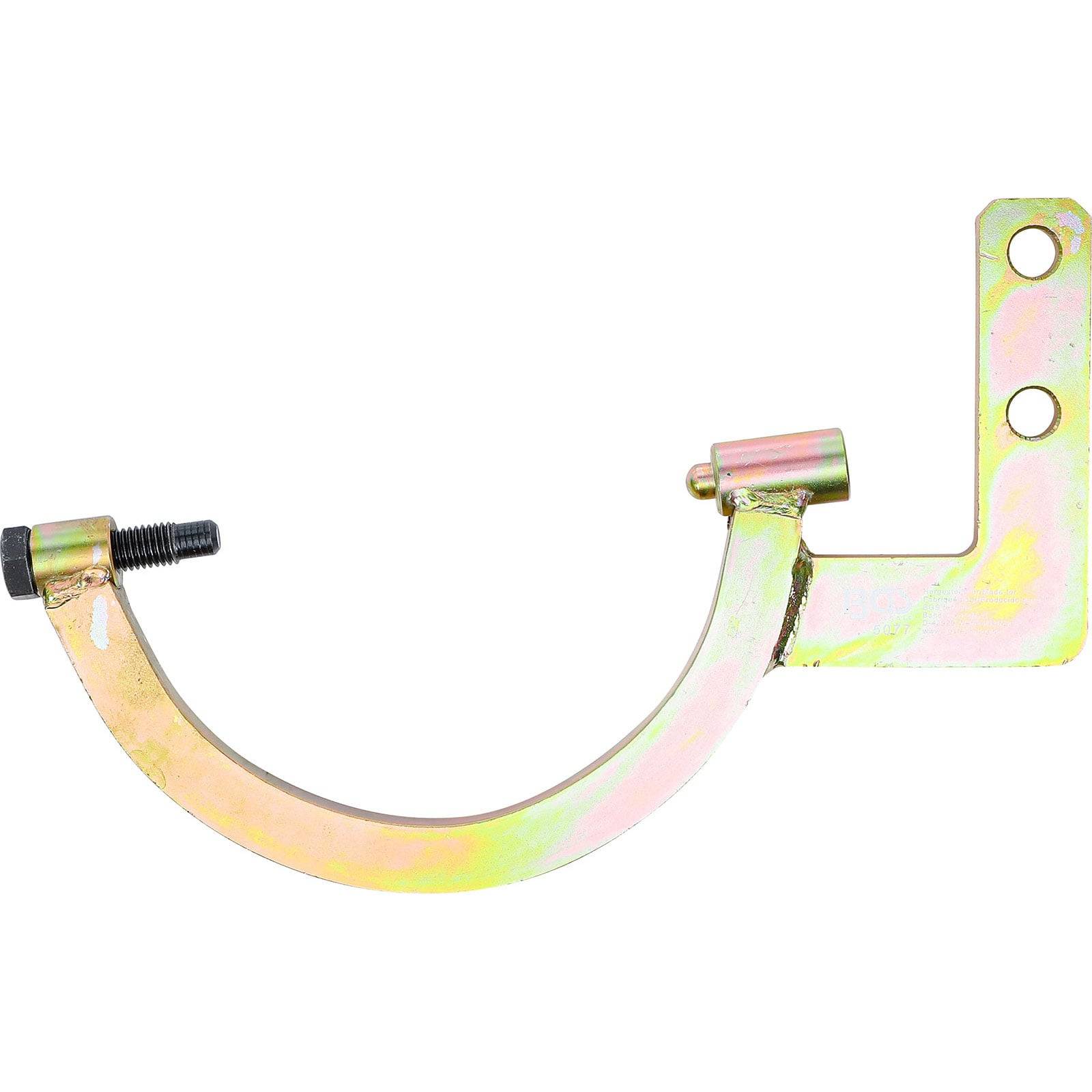 Metallhalterung mit einer Bogenform, einem Bolzen an einem Ende und zwei Befestigungslöchern im vertikalen Bereich. Korrosionsbeständige Beschichtung.