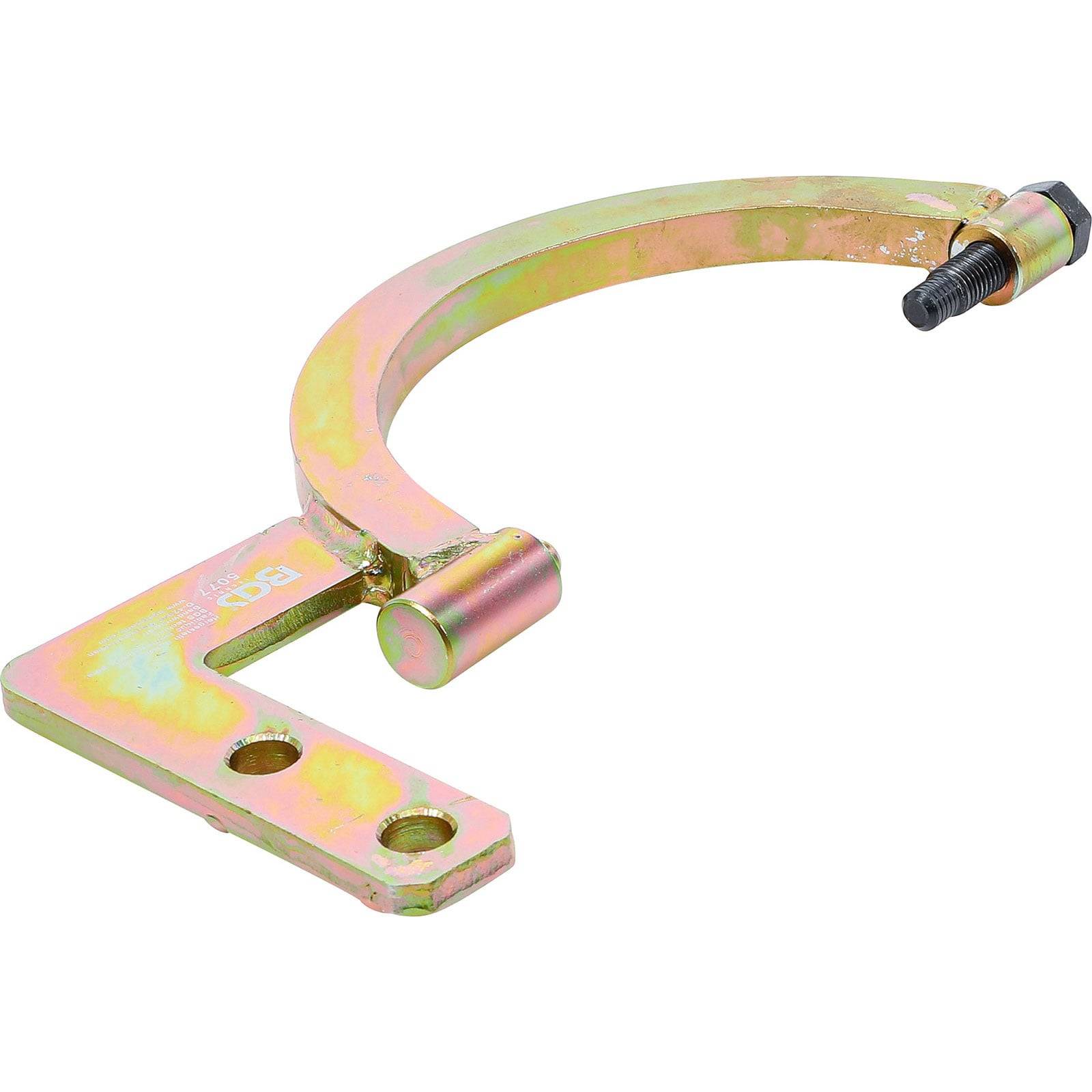 Ein metallisches, L-förmiges Werkzeug mit zwei Befestigungslöchern und einem halbkreisförmigen Arm, der einen verstellbaren Bolzen aufweist; verwendet für mechanische Einstellungen.