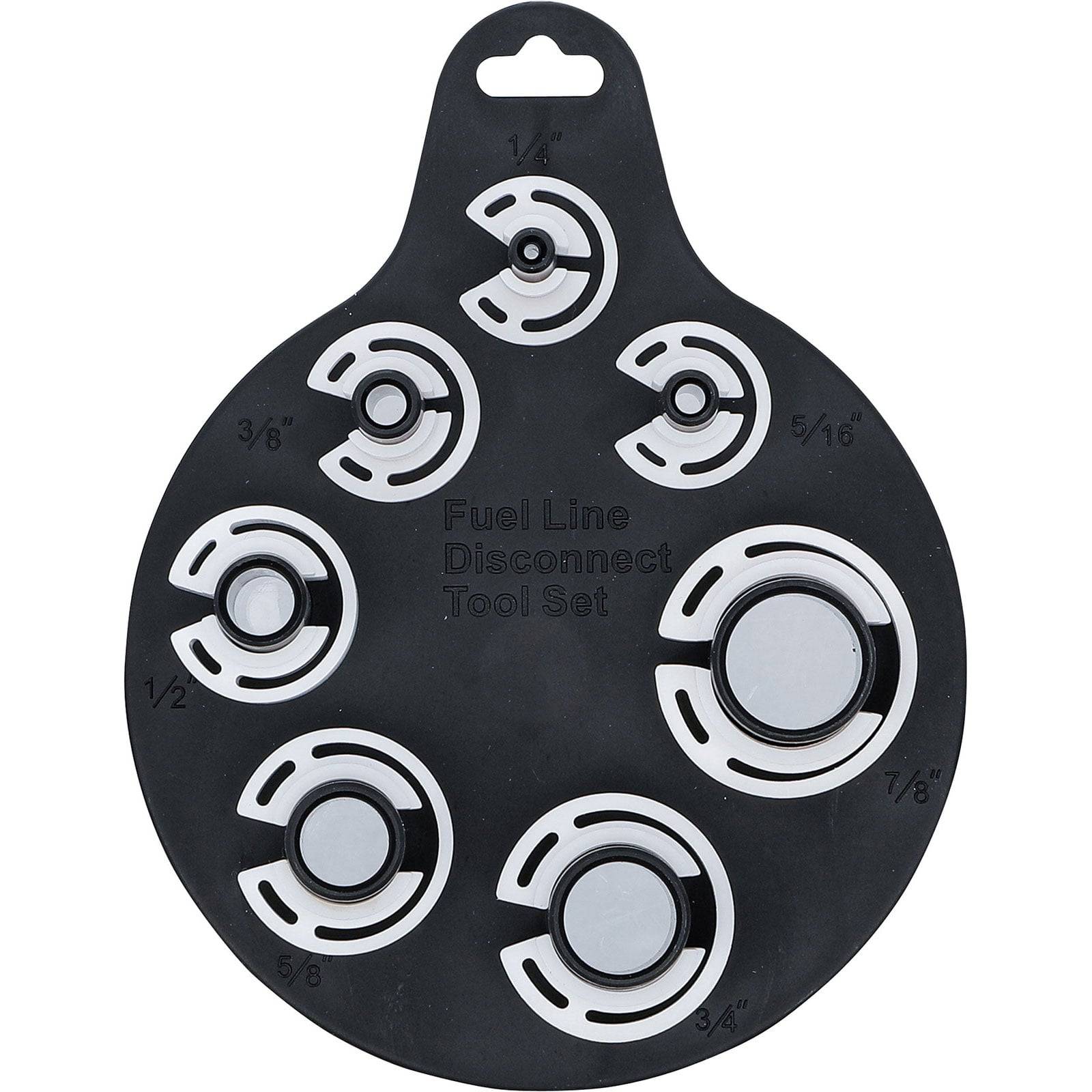 Ein schwarzer runder Halter, der einen Satz weiß-grauer Kraftstoffleitung-Trennwerkzeuge verschiedener Größen mit beschrifteten Messwerten enthält.