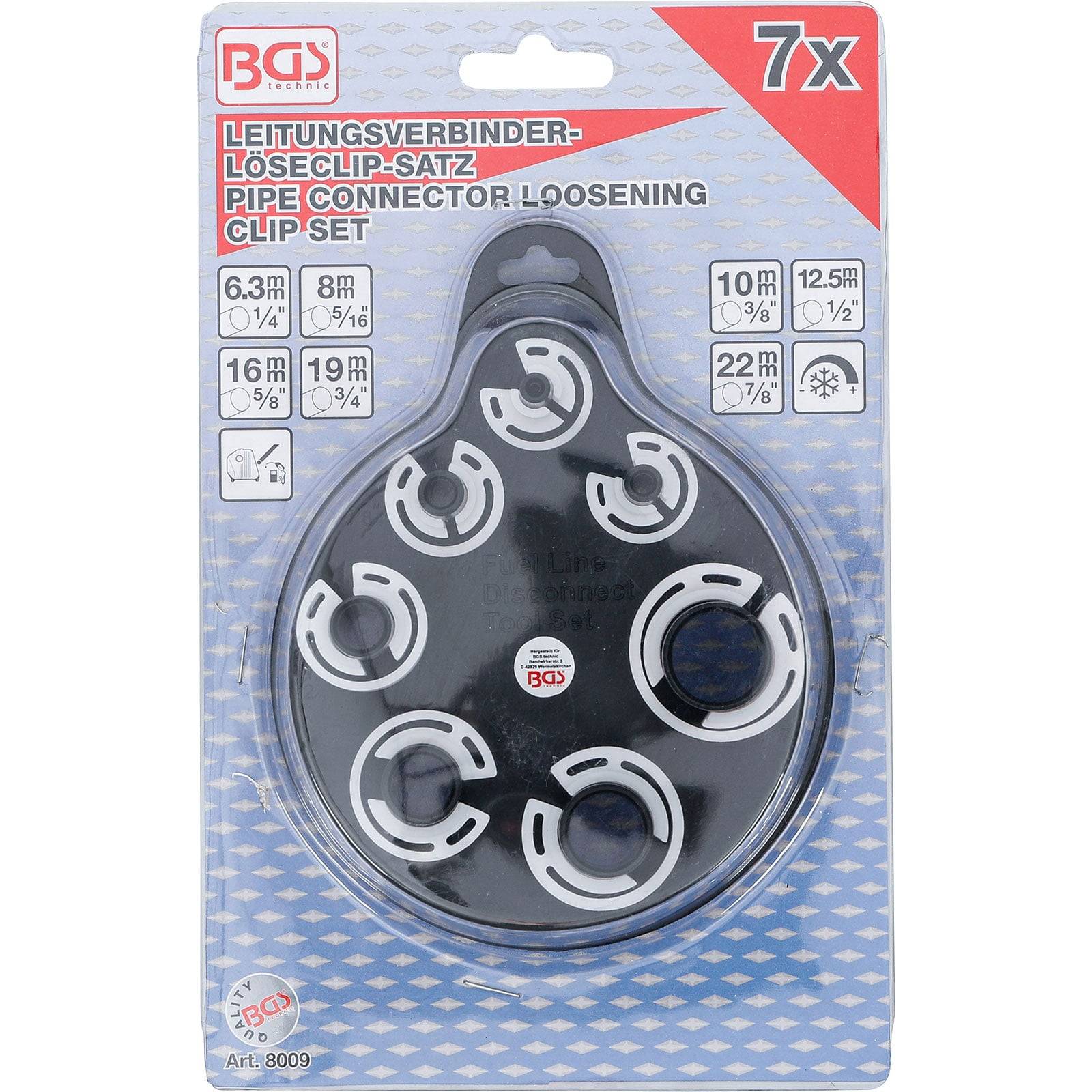 Rohrverbinder Löseclip-Set, 7x, BGS-Branding auf Verpackung. Enthält verschiedene Größen: 6,3mm, 8mm, 10mm, 13mm, 16mm, 19mm, 22mm.
