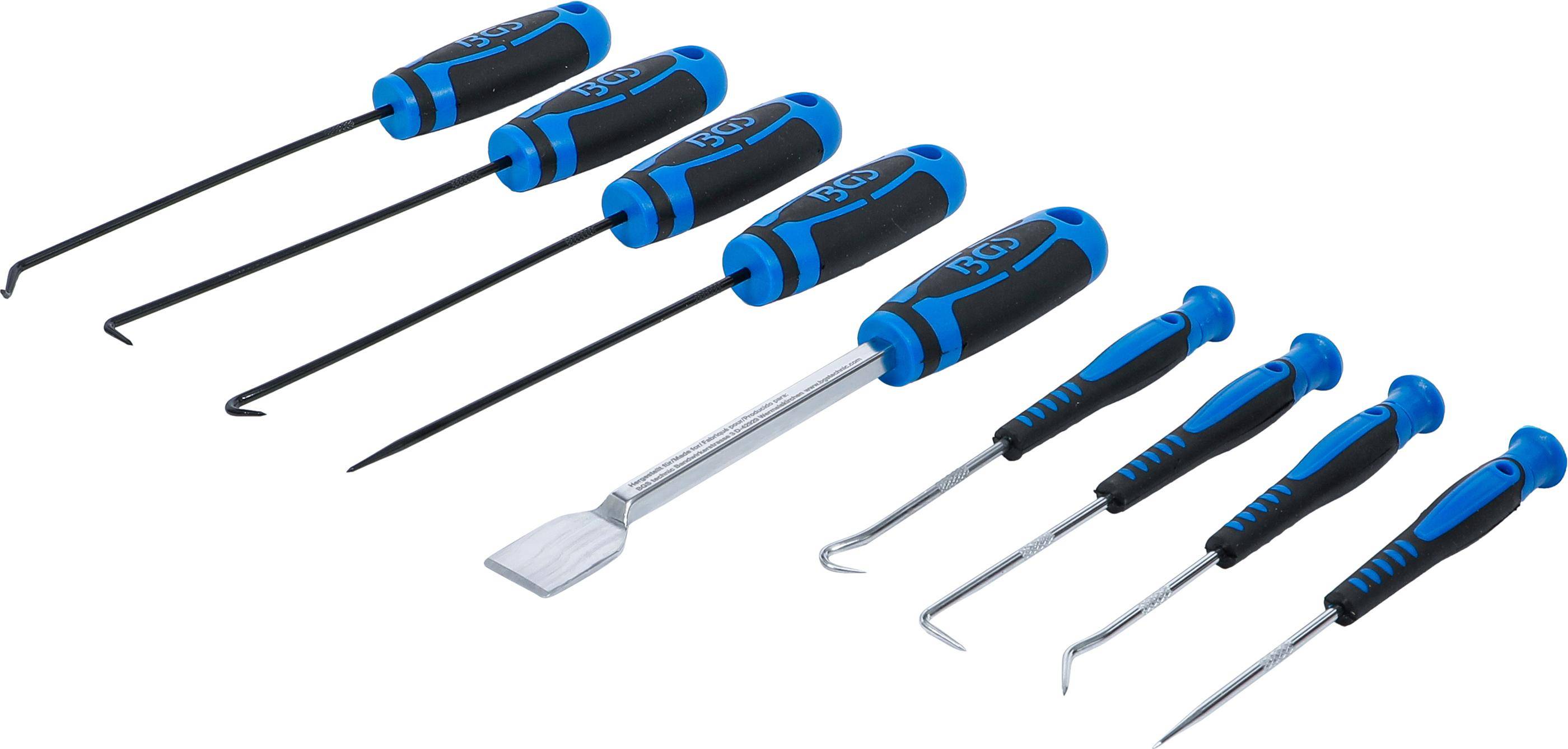 Ein Satz von sechs blauen und schwarzen Griffel- und Schaberpicks mit unterschiedlich geformten Spitzen, die in einer Reihe auf einem weißen Hintergrund angeordnet sind.