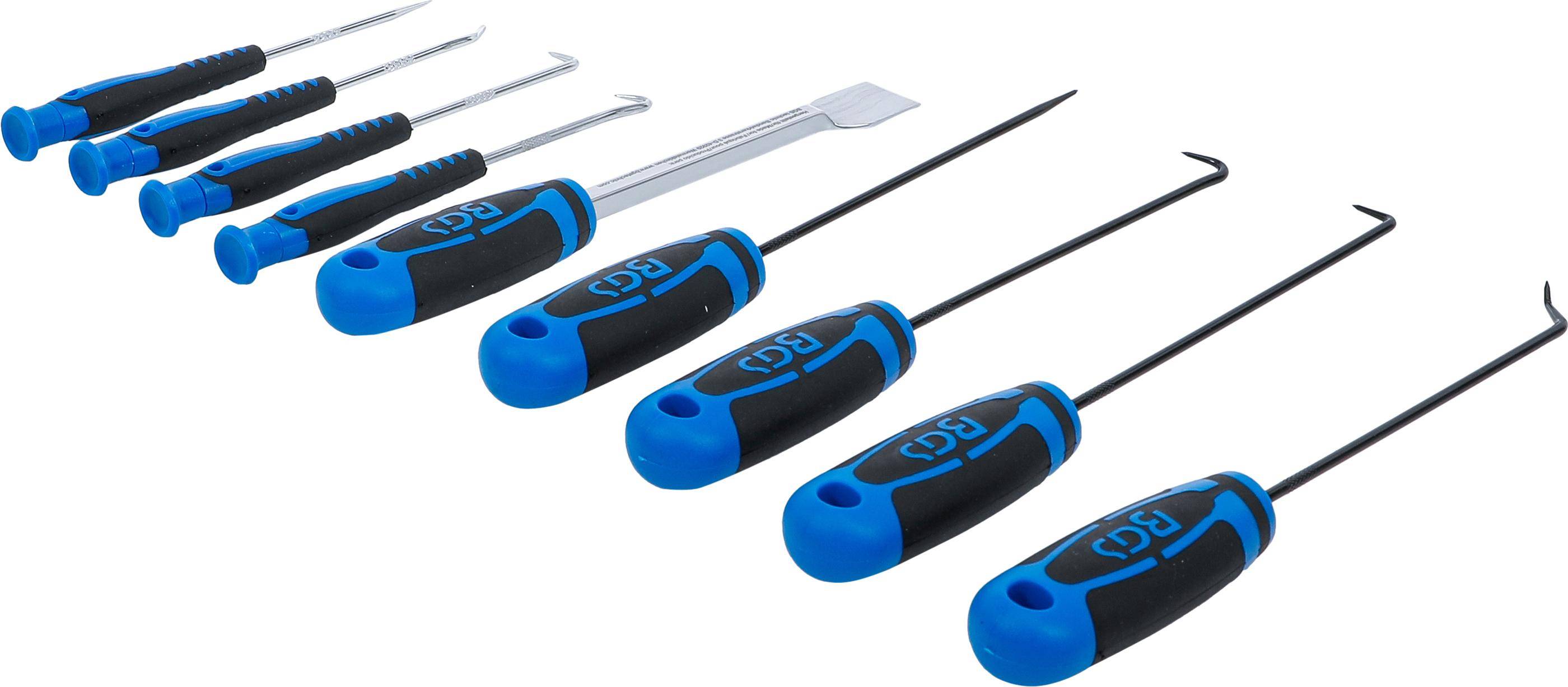 Ein Satz von fünf Präzisionswerkzeugen mit blauen und schwarzen Griffen, darunter Haken und ein Spatel, horizontal auf weißem Hintergrund ausgerichtet.