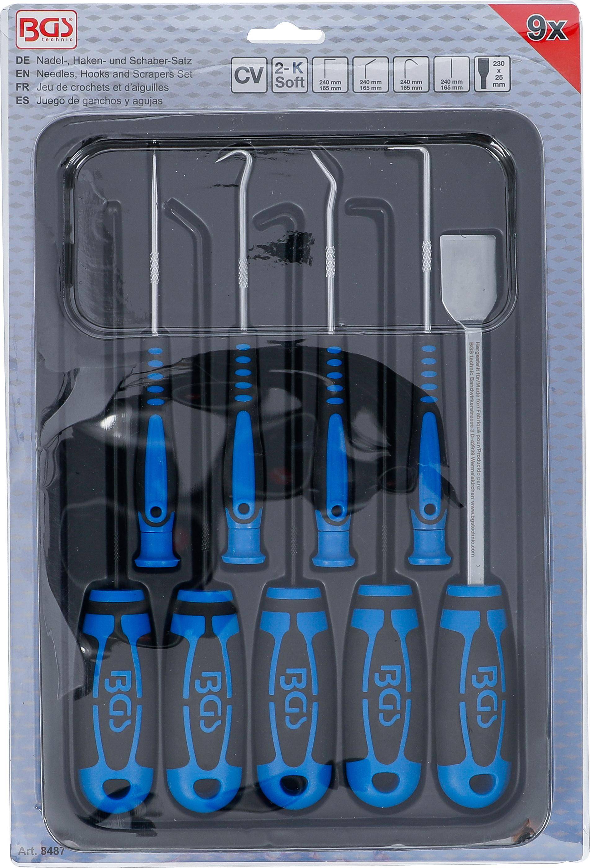 Ein Satz von sechs blauen Ausbau- und Montagewerkzeugen mit Griffen in einer Kunststoffbox, wobei jedes Werkzeug eine andere Spitzenform für Präzisionsarbeiten aufweist.