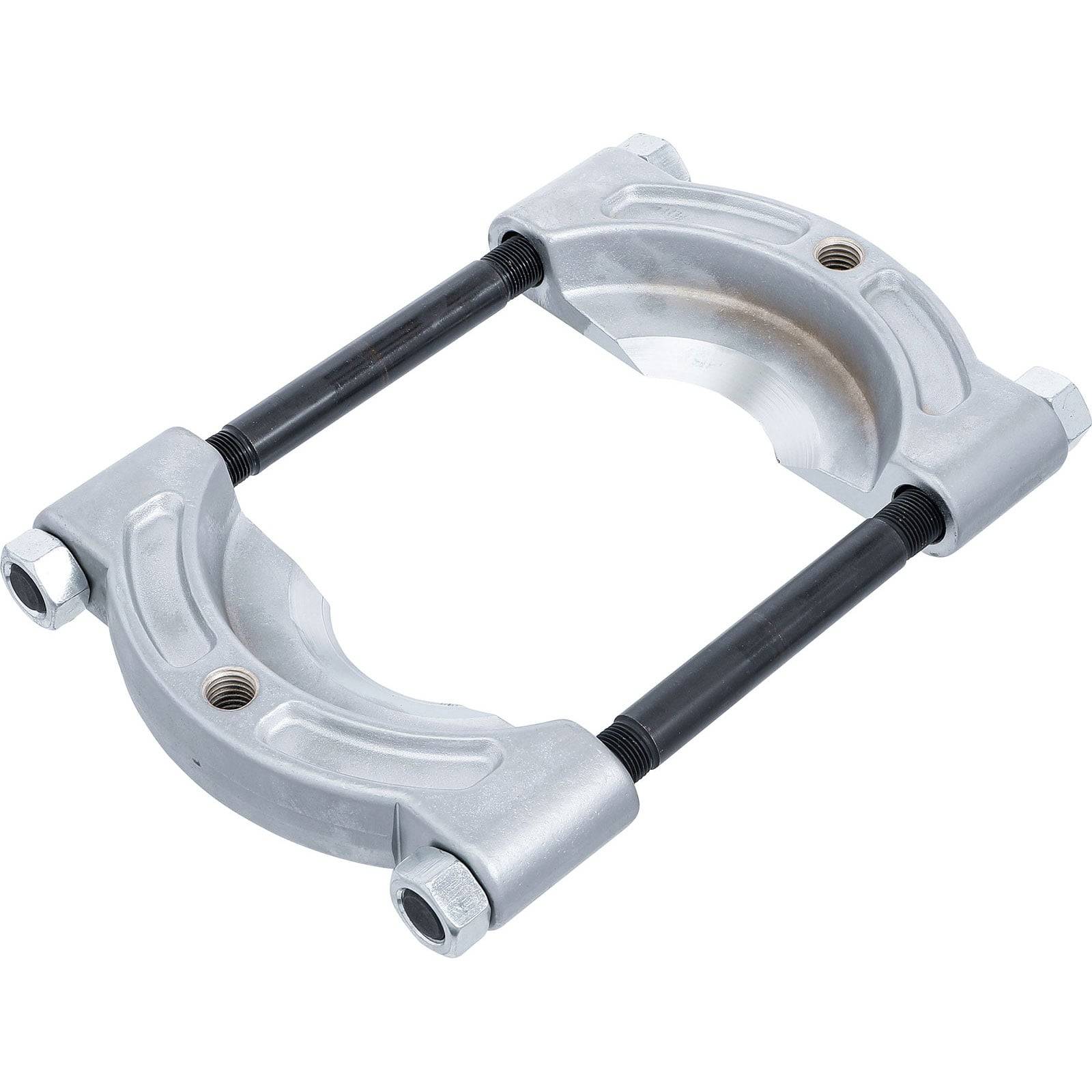 Ein C-förmiges Wellenbund aus Metall mit Bolzen an jedem Ende, das zum Sichern oder Anpassen der Position einer Komponente auf einer Welle verwendet wird.