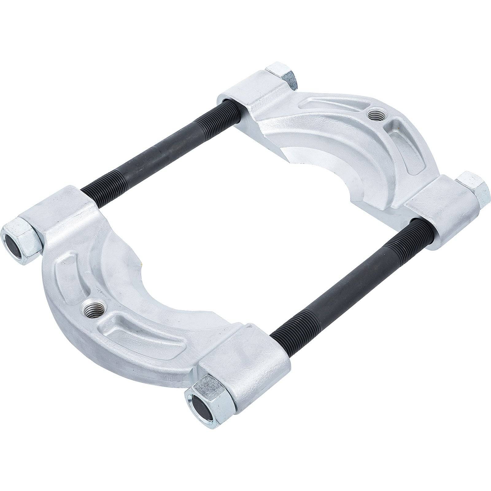 Kardangelenk-Abzieher mit silbernen Metallklemmen und schwarzen Gewindelstangen, verwendet zum Entfernen von Kardangelenken in Kraftfahrzeuganwendungen.