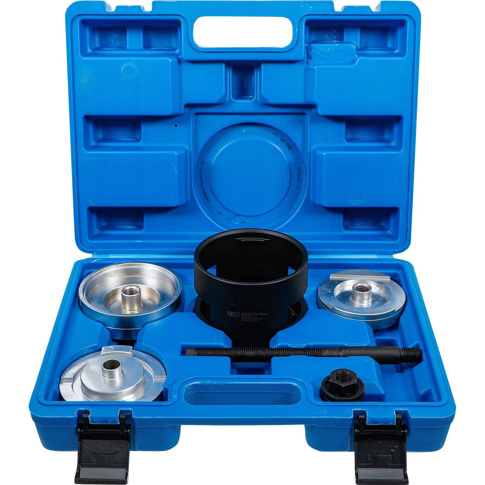 Ein blauer Plastikkoffer, der einen Satz spezialisierter Metallwerkzeuge enthält, wahrscheinlich für automotive oder mechanische Anwendungen, ordentlich in Fächern angeordnet.