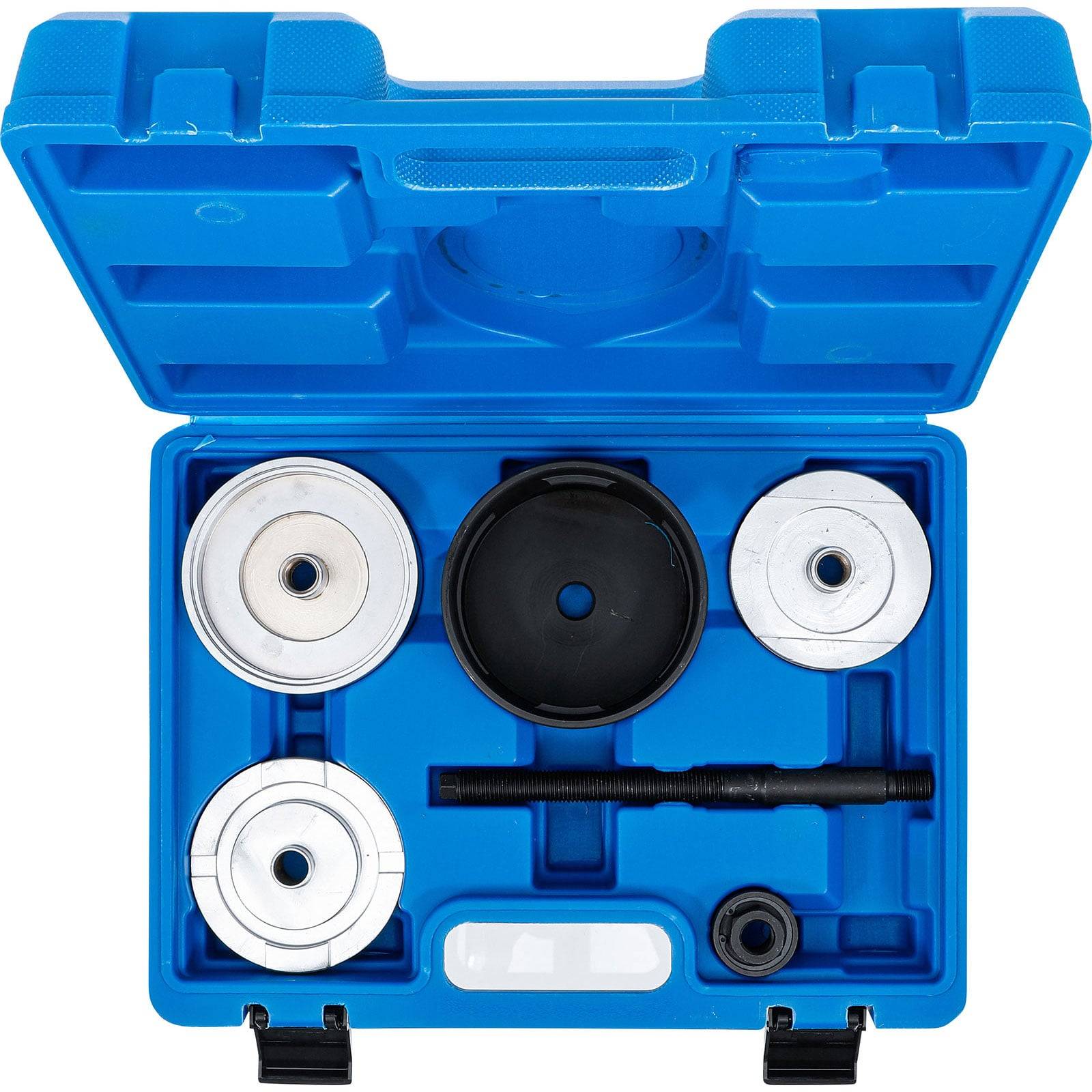Blauer Plastikkoffer mit einem Satz kreisförmiger Metallinstrumente und einer Stange, die im Inneren angeordnet sind und für automotive oder mechanische Anwendungen entwickelt wurden.