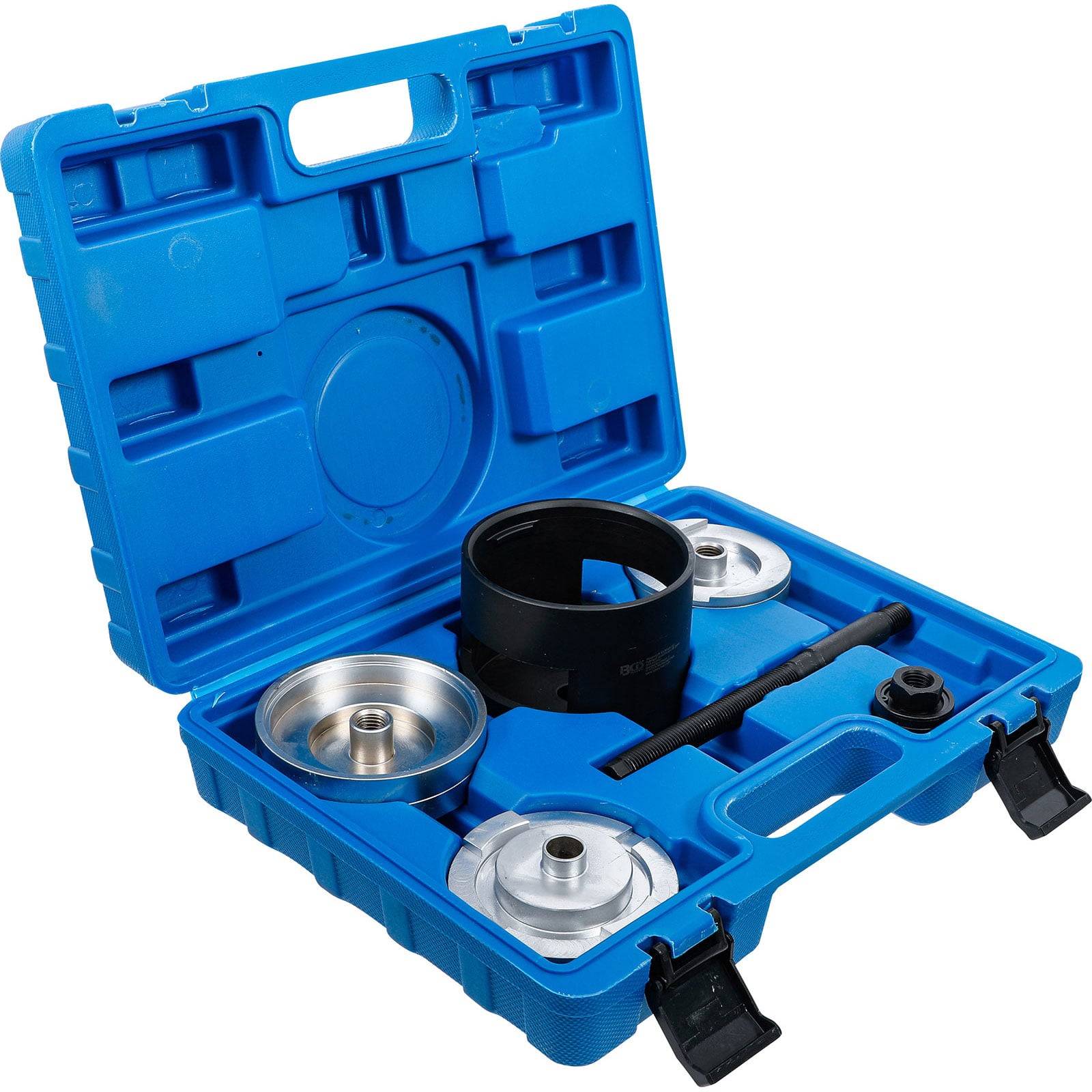 Ein blauer Kunststoffkoffer mit Kfz-Servicewerkzeugen, einschließlich Adapter und Komponenten, die ordentlich im Koffer organisiert sind.