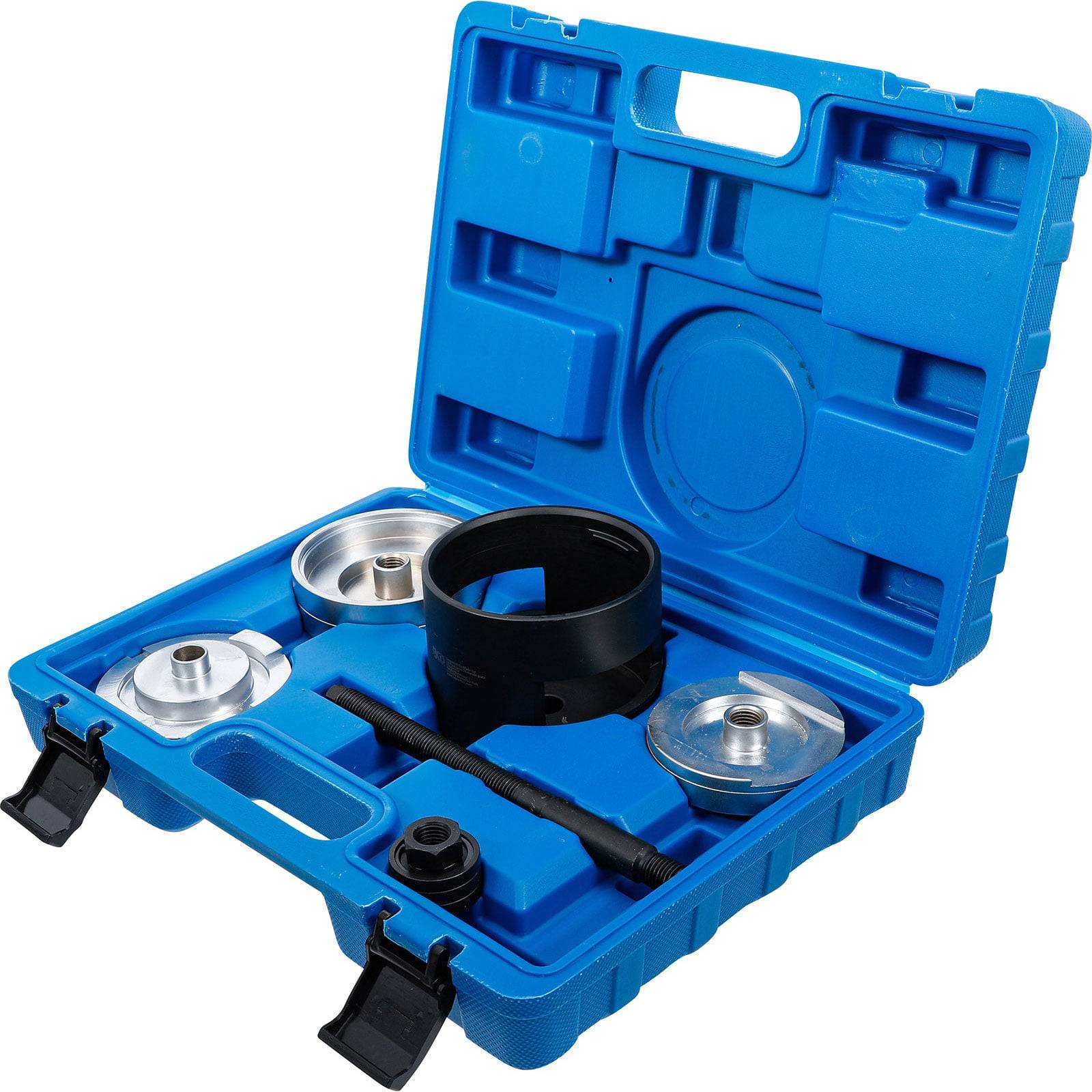 Ein blaues Kunststoffgehäuse mit verschiedenen Radlagerwerkzeugen für Autos, einschließlich Metallscheiben, einem schwarzen Ring und einer Gewindestange.